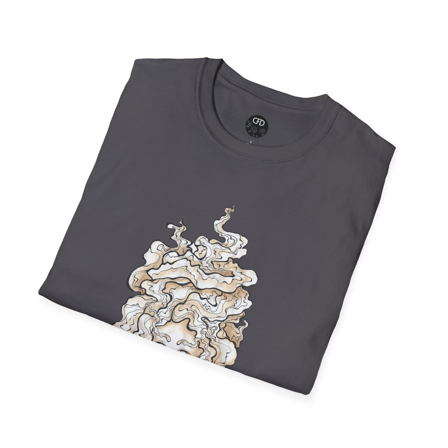 This is the Charcoal Earl Grey Softstyle T-Shirt by Chris Foster Design. It comes in sizes XS-5XL. The image showcases the front of the shirt folded. The illustration that can be seen is the steam is swirly and goes up and outwards. In the middle is a lady's face that is seen a little. The inside of the shirt has the Chris Foster Design circular logo in black, flowers and writing is white. The size label is also white. The t-shirt is against a white background.