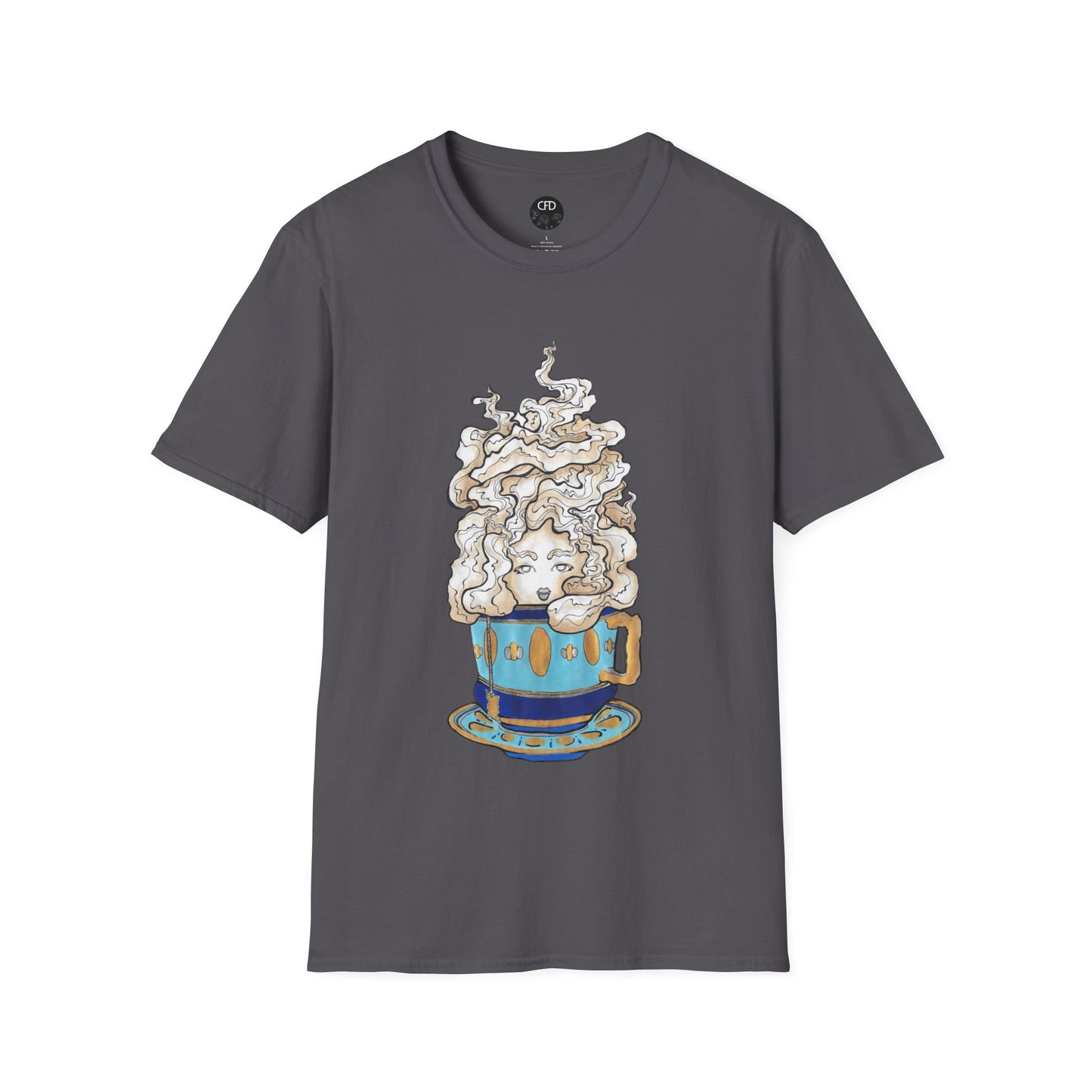 This is the Charcoal Earl Grey Softstyle T-Shirt by Chris Foster Design. It comes in sizes XS-5XL. The image showcases the front of the shirt. The illustration is of a gold, light blue and dark blue teacup with a tan, yellow and white steam. The steam is swirly and goes up and outwards. In the middle is a lady's face. The t-shirt is against a white background.