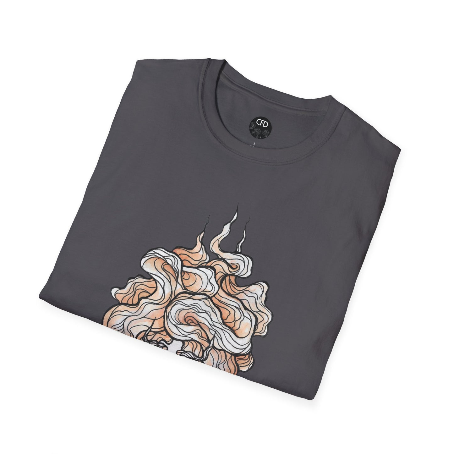 This is the Charcoal English Breakfast Tea T-Shirt by Chris Foster Design. It comes in sizes XS-5XL. This is an image of the shirt folded with a circular CFD logo in white lettering and black background. The size label is below the logo in black. The top of the English Breakfast Tea illustration which shows the mist swirling around in light pink, red and white. The shirt is against a white background.