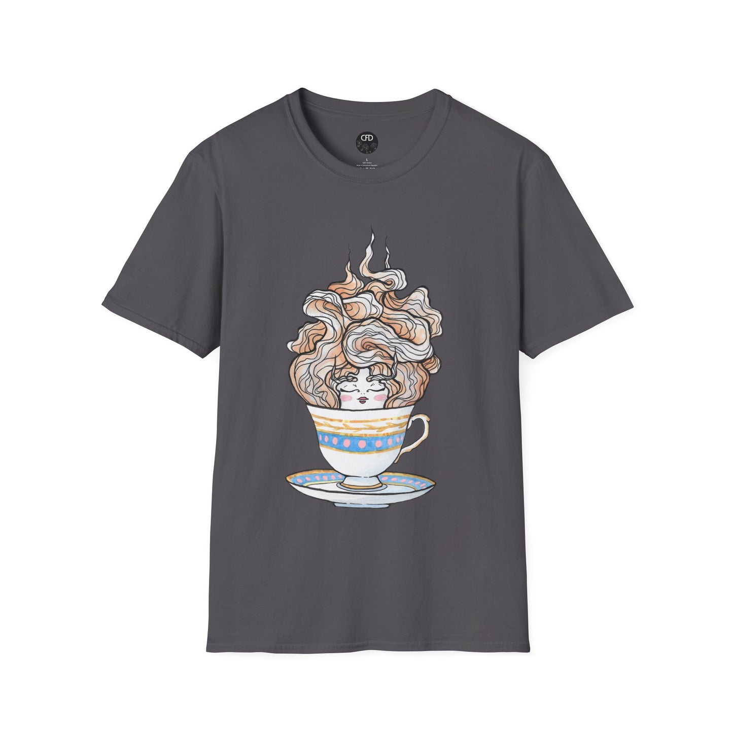 This is the Charcoal English Breakfast Tea T-Shirt by Chris Foster Design. It comes in sizes XS-5XL. This is an image of the front with a circular CFD logo in white lettering and black background. The size label is below the logo in black. A teacup that is light blue, yellow and white with light pink, white and red steam that is going upwards. There is a lady's face in the middle and beginning of the teacup with her eyes closed, red lips, blushing pink cheeks. and eyebrows that go upward. 