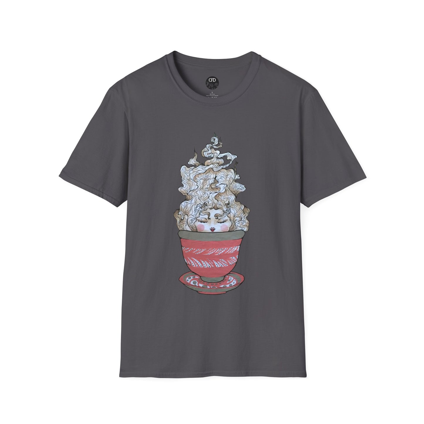 This is the Charcoal Green Tea T-Shirt by Chris Foster Design.It comes in sizes XS-5XL. A red,white and dark green teacup with plate set. The mist from the teacup is white and red going upwards. There is a lady face in the middle of the teacup with red blushing cheeks, red open lips and eyebrows that float outwards. This is against a white background.