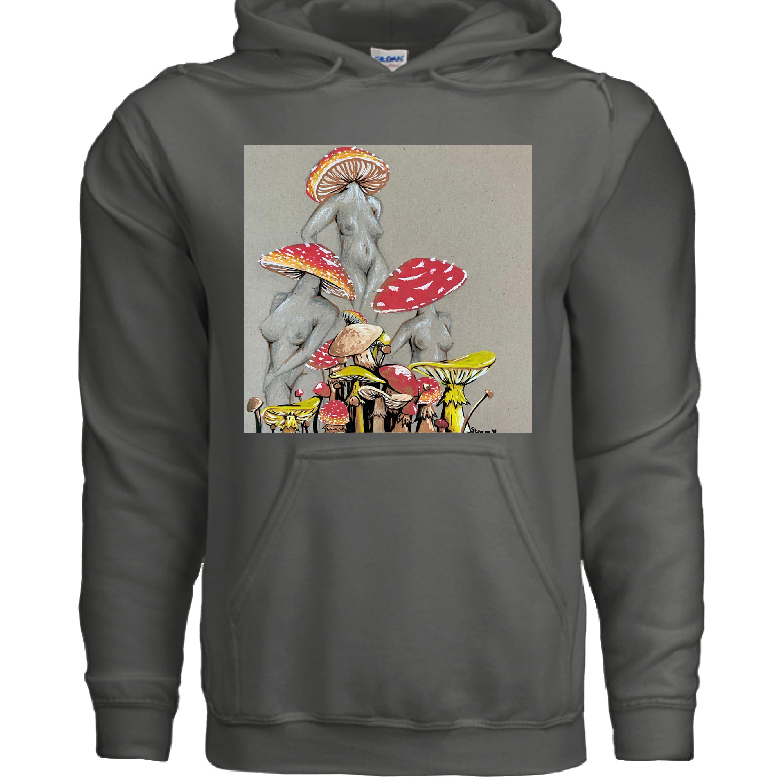 Close-up of the Miss Amanita hoodie’s small woven logo tag sewn onto the side hem in charcoal gray cotton blend fabric.