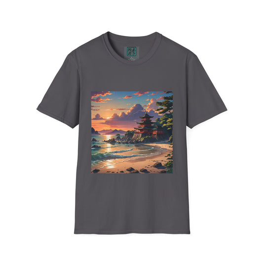 This is the Charcoal Temple of Peace Softstyle T-Shirt by Lee Hansheng Studios. It comes in sizes S-5XL. This is an image of the shirt from the front. On the inside of the shirt there is the studio's logo. The illustration shows a setting red/orange sun above clouds,two blue roof,brown/red walled temples on the right on top of the hills,mountains,blue/white waves into sand and a forest to the right.On the bottom right corner is the logo printed in black for the studio and outlined in blue. 