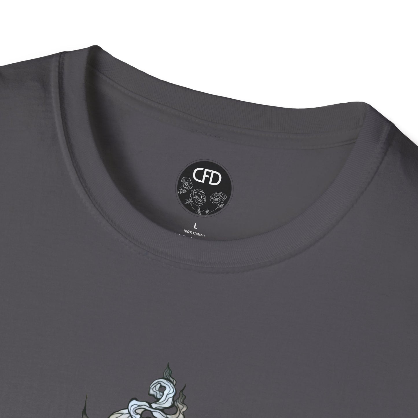 This is the Chocolate Green Tea T-Shirt by Chris Foster Design.It comes in sizes XS-5XL. This image shows a close up of the front. There is the collar with CFD circular logo with flowers, has a black background and printed in white inside the shirt. The size label is printed in black. Below there is a bit of the illustration, some of the steam of the tea cup is shown in white and light blue. The shirt is against a white background.