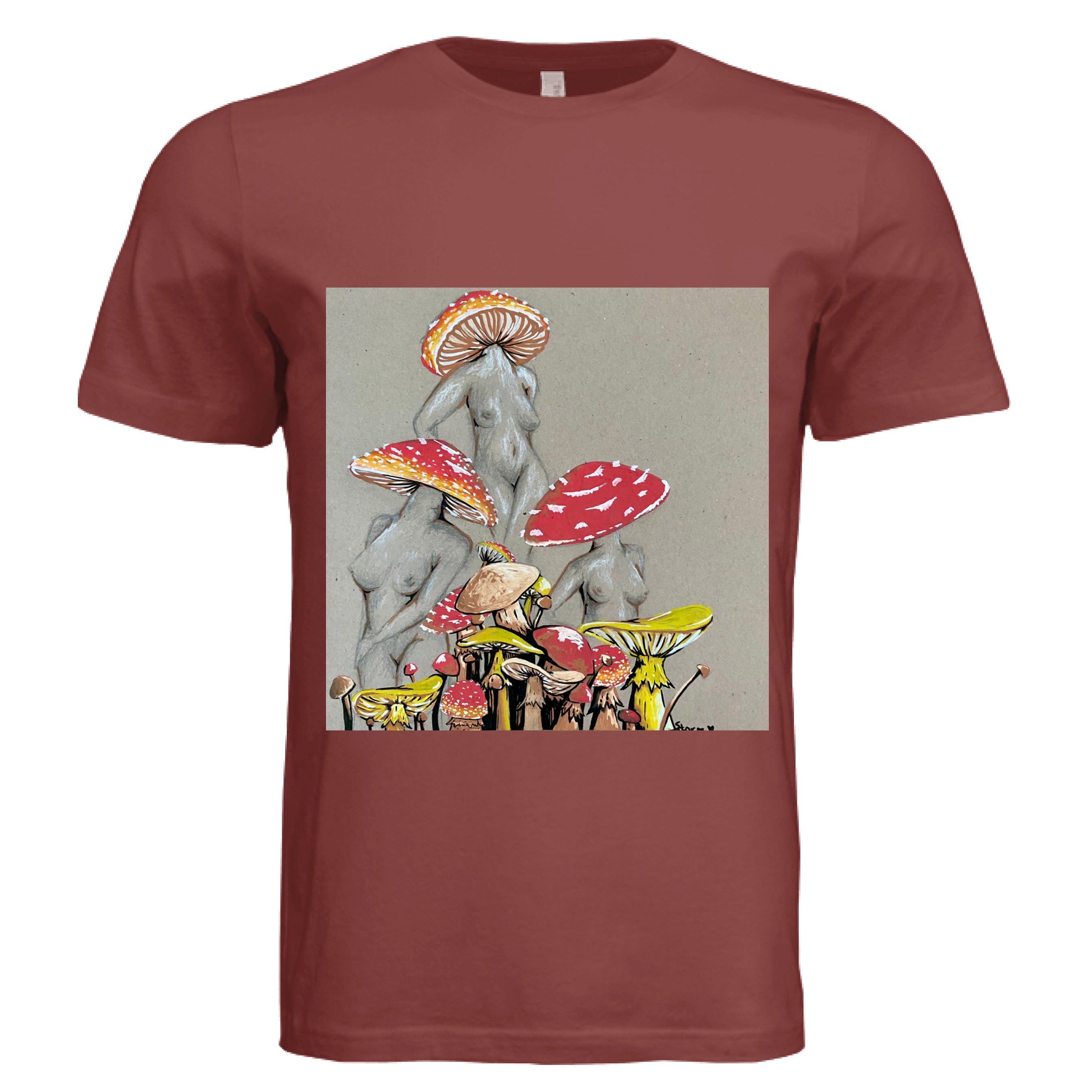 Close-up of Miss Amanita T-shirt showing soft cotton fabric texture and subtle woven branding detail at the hem.