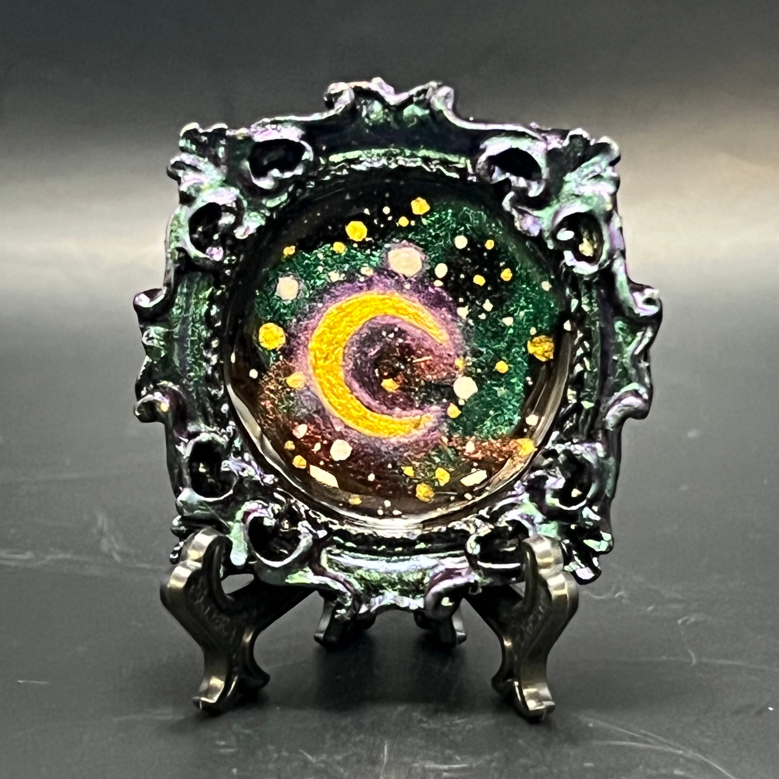 Miniature oil painting, clustered crescent design by Chris Foster, titled Into the Void, 4x4 inches, framed, limited