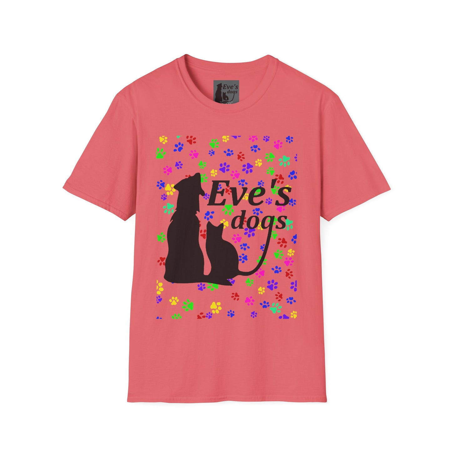 This is the Coral Silk Adopt Eve's Dogs T-Shirt. It comes in XS - 5XL. This is an image of the front of the shirt. The size label is a grey and black tag with a dog and cat with the "Eve's dogs" writing. The front has pink, green, blue, purple, red paw prints in different sizes. Also, the dog and cat with "Eve's dogs" printed in black. The illustration has a clear background so you see the paw prints, animals and the text print on color of shift. The shirt is against a white background.