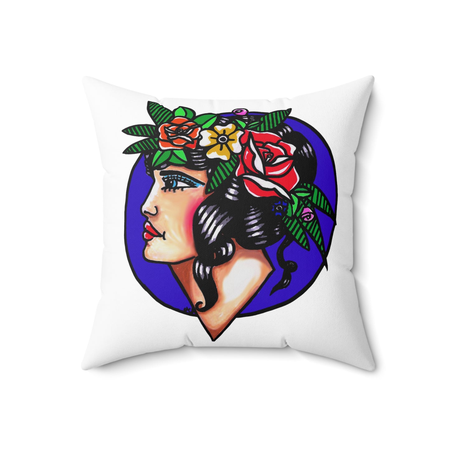 This is the 16" x 16" Crown of Spring Spun Polyester Square Pillow by Storm Garden Studio. This showcases the back of the pillow where the illustration is. The background is a dark blue/purple circle with a pale woman, bright red lips, blue eyes with light blue eyeshadow adorned with an arrangment of spring flowers like roses and leaves nestled on her black shiny flowing hair. She is looking towards the left. She is against a white background. This image is on both sides.