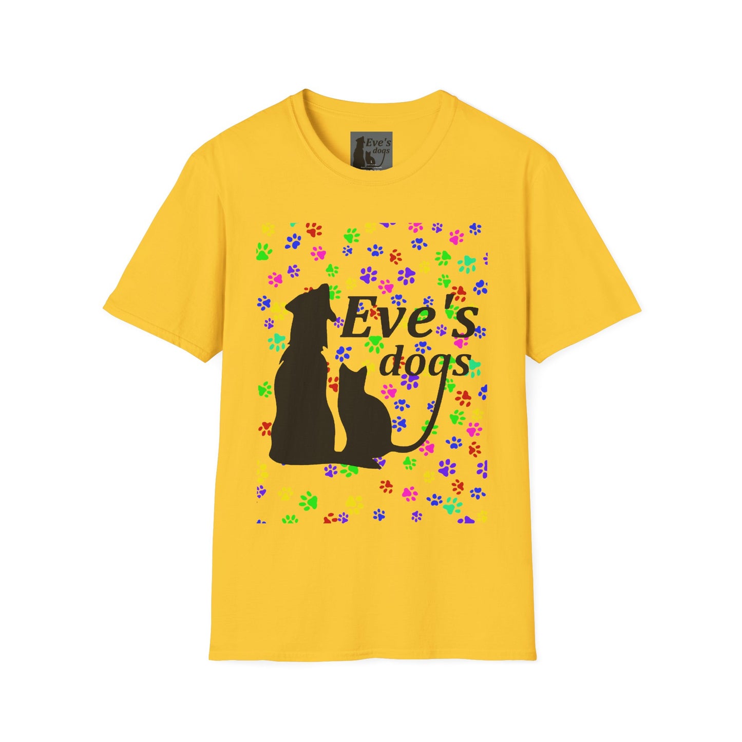 This is the Daisy Adopt Eve's Dogs T-Shirt. It comes in XS - 5XL. This is an image of the front of the shirt. The size label is a grey and black tag with a dog and cat with the "Eve's dogs" writing. The front has pink, green, blue, purple, red paw prints in different sizes. Also, the dog and cat with "Eve's dogs" printed in black. The illustration has a clear background so you see the paw prints, animals and the text print on color of shift. The shirt is against a white background.