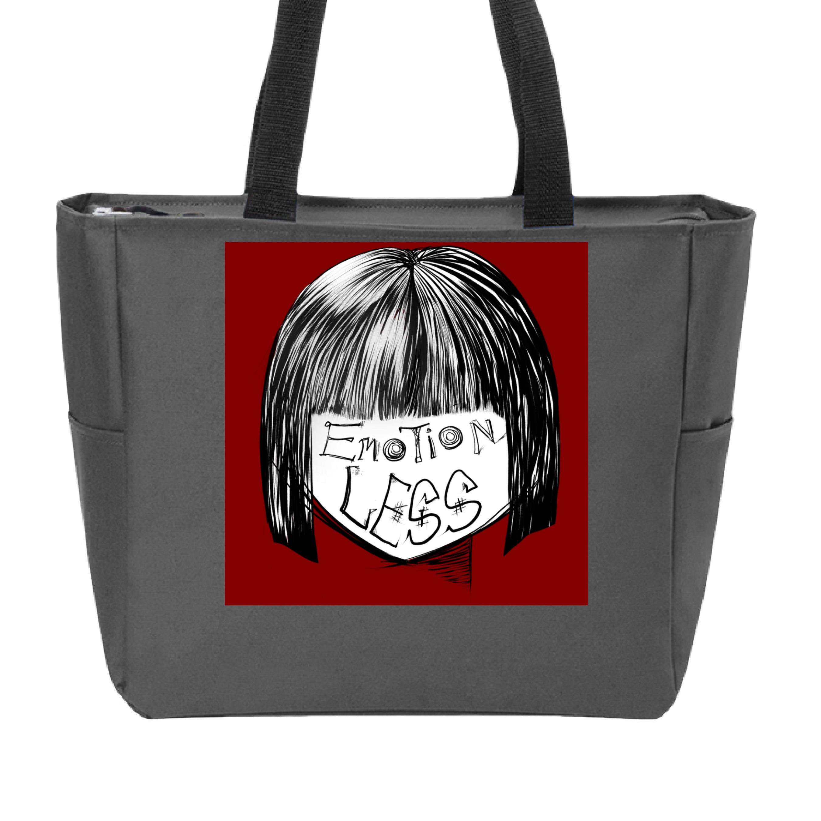 Emotionless Zip Tote bag made of black polyester with top zipper closure and reinforced handles by Lee Hansheng Studios