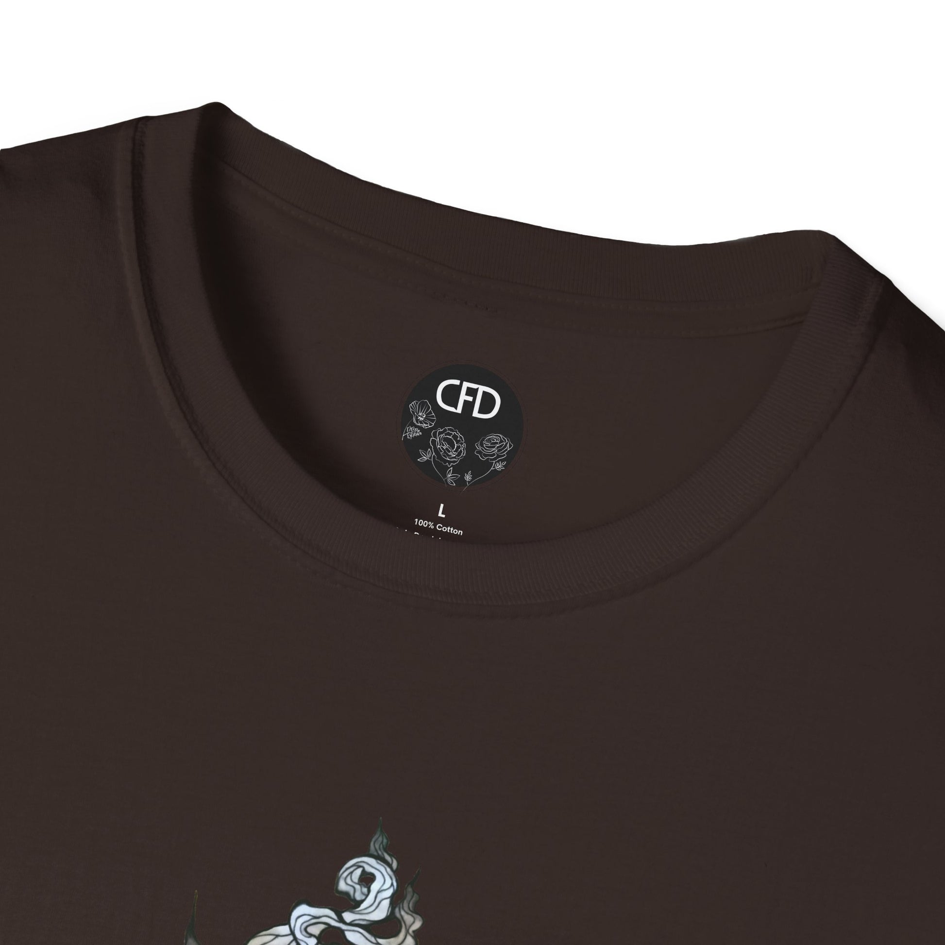 This is the Dark Chocolate Green Tea T-Shirt by Chris Foster Design.It comes in sizes XS-5XL. This image shows a close up of the front. There is the collar with CFD circular logo with flowers, has a black background and printed in white inside the shirt. The size label is printed in black. Below there is a bit of the illustration, some of the steam of the tea cup is shown in white and light blue. The shirt is against a white background.