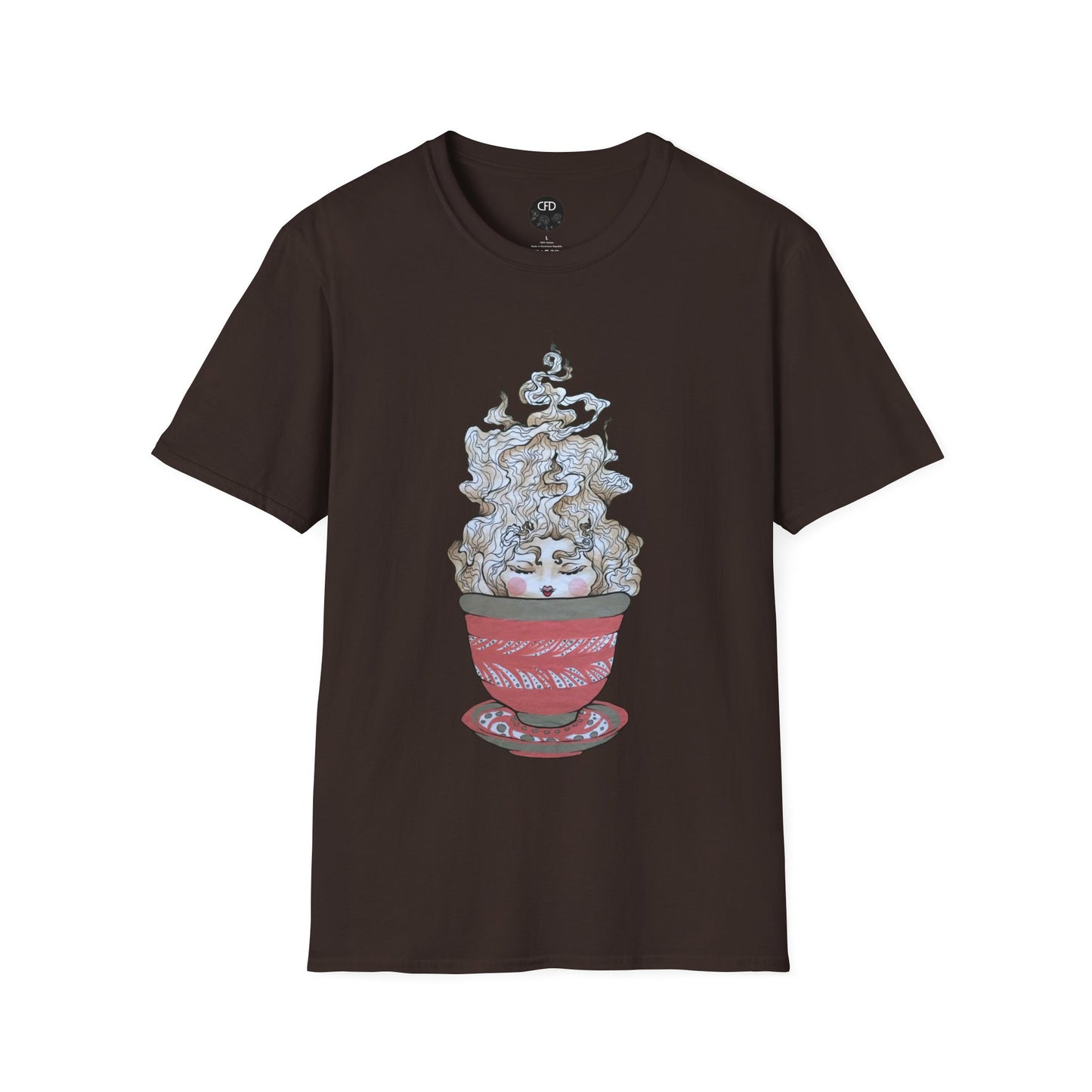 This is the Dark Chocolate Green Tea T-Shirt by Chris Foster Design.It comes in sizes XS-5XL. A red,white and dark green teacup with plate set. The mist from the teacup is white and red going upwards. There is a lady face in the middle of the teacup with red blushing cheeks, red open lips and eyebrows that float outwards. This is against a white background.