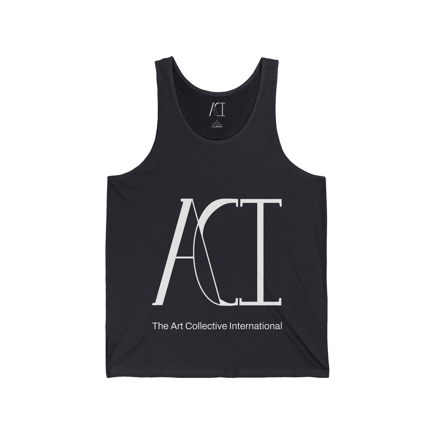 This is the front side of the dark grey ACI Tank. It has the ACI logo printed in the middle of the shirt with "The Art Collective International" listed below the logo all in white. There is a size label in white on the inside of the shirt. The tab also has the ACI logo on it.