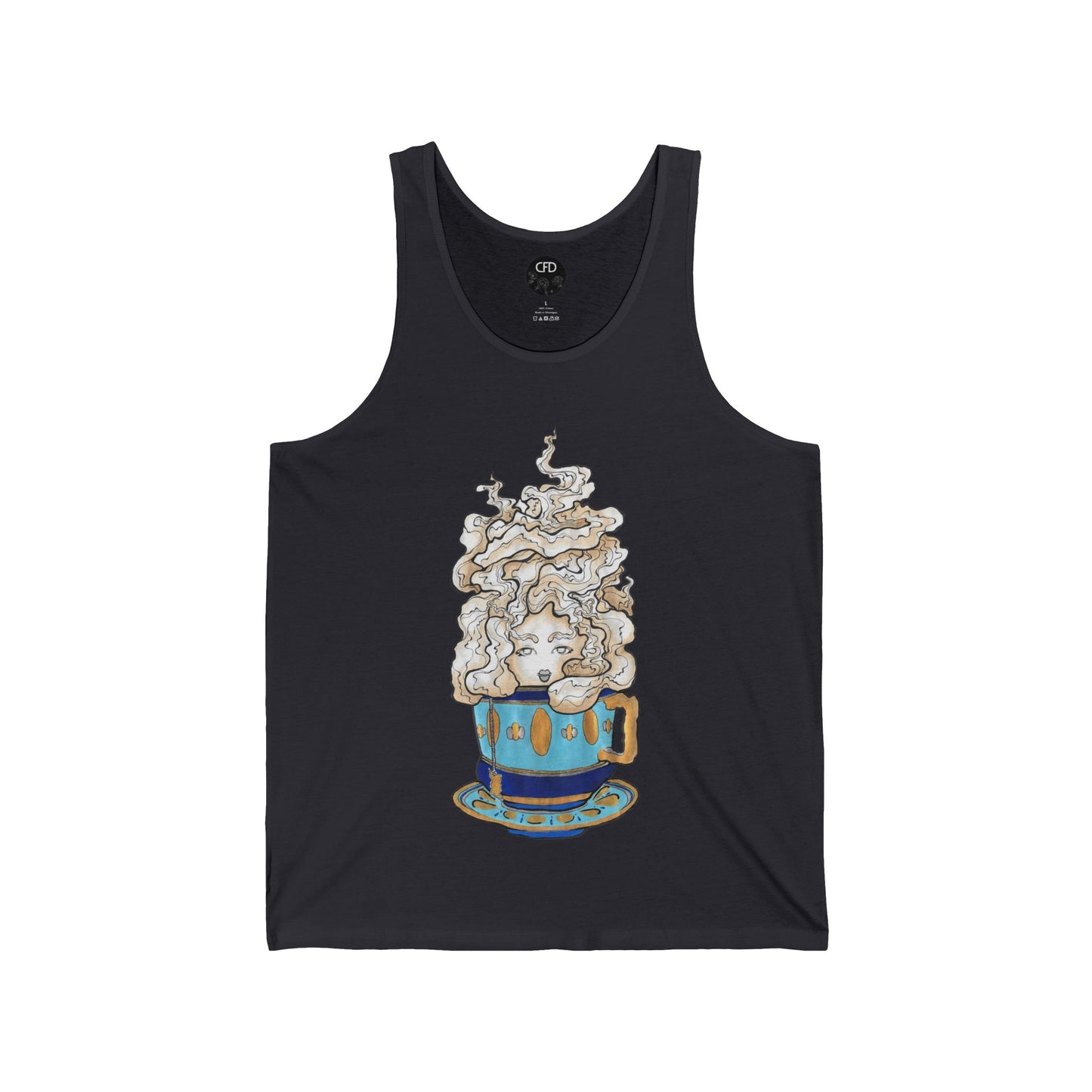 This is the Dark Grey Earl Grey Tank by Chris Foster Design. This showcases the front of the tank. The illustration is of a gold, light blue and dark blue teacup with a tan, yellow and white steam. The steam is swirly and goes up and outwards. In the middle is a lady's face. The circular studio logo is on the inside of the tank printed in white, the size label is printed in white. It is against a white background.