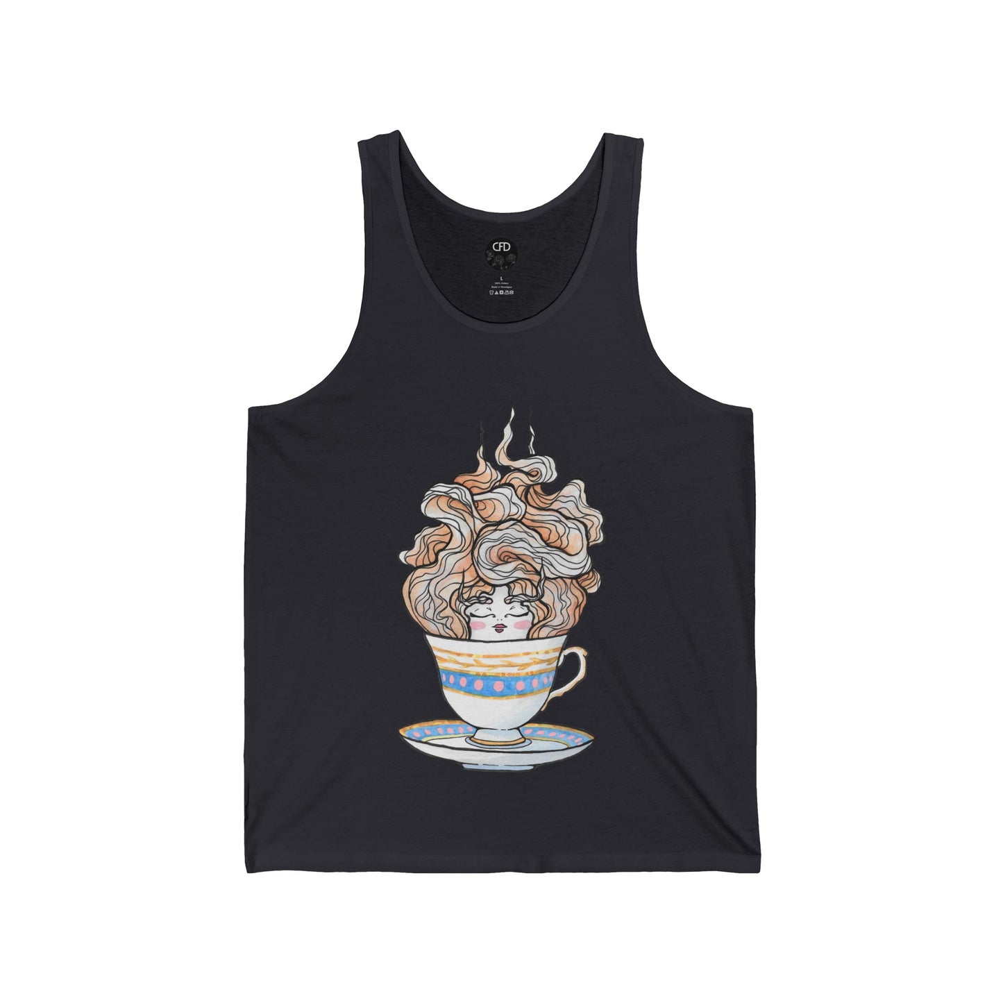 This is the Dark Grey English Breakfast Tea Tank by Chris Foster Design. It comes in sizes XS-2XL. This is an image of the front with a circular CFD logo in white lettering and black background. The size label is below the logo in white. A teacup that is light blue, yellow and white with light pink, white and red steam that is going upwards. There is a lady's face in the middle and beginning of the teacup with her eyes closed, red lips, blushing pink cheeks. and eyebrows that go upward. 