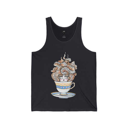 This is the Dark Grey English Breakfast Tea Tank by Chris Foster Design. It comes in sizes XS-2XL. This is an image of the front with a circular CFD logo in white lettering and black background. The size label is below the logo in white. A teacup that is light blue, yellow and white with light pink, white and red steam that is going upwards. There is a lady's face in the middle and beginning of the teacup with her eyes closed, red lips, blushing pink cheeks. and eyebrows that go upward. 