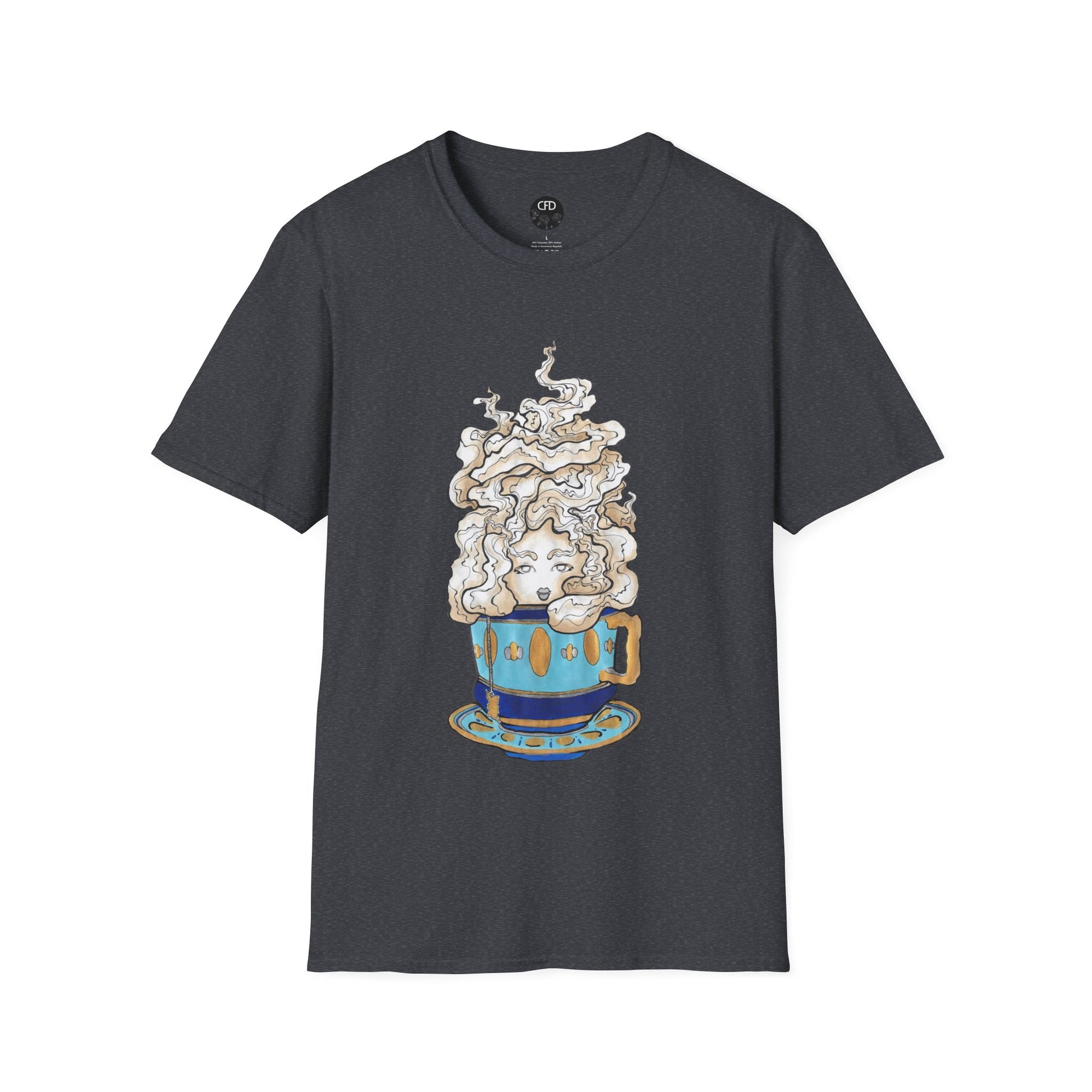 This is the Dark Heather Grey Earl Grey Softstyle T-Shirt by Chris Foster Design. It comes in sizes XS-5XL. The image showcases the front of the shirt. The illustration is of a gold, light blue and dark blue teacup with a tan, yellow and white steam. The steam is swirly and goes up and outwards. In the middle is a lady's face. The t-shirt is against a white background.