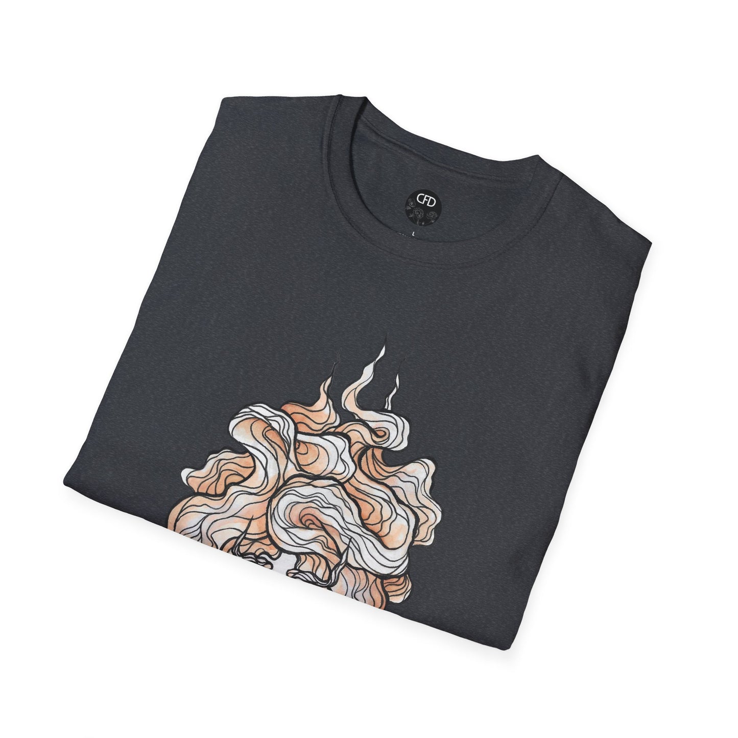 This is the Dark Heather Grey English Breakfast Tea T-Shirt by Chris Foster Design. It comes in sizes XS-5XL. This is an image of the shirt folded with a circular CFD logo in white lettering and black background. The size label is below the logo in white. The top of the English Breakfast Tea illustration which shows the mist swirling around in light pink, red and white. The shirt is against a white background.