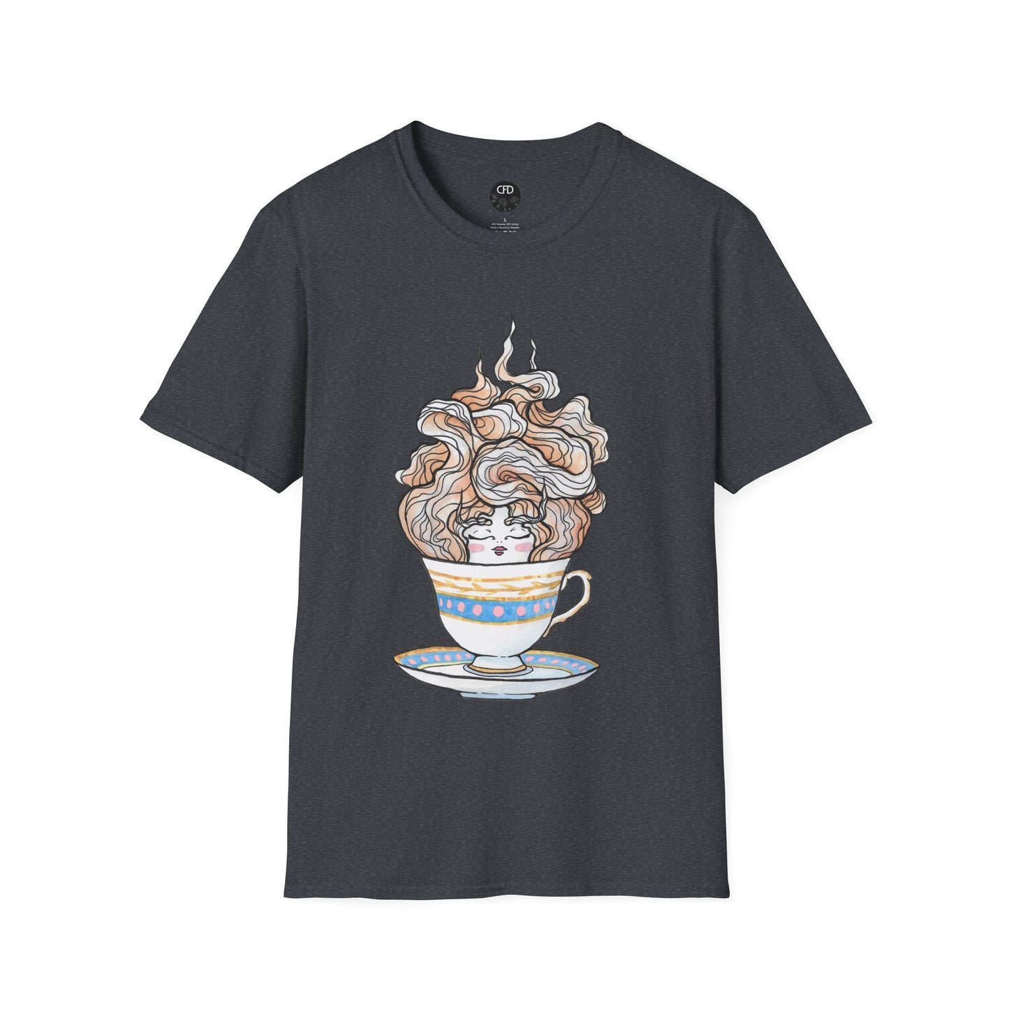 This is the Dark Heather Grey English Breakfast Tea T-Shirt by Chris Foster Design. It comes in sizes XS-5XL. This is an image of the front with a circular CFD logo in white lettering and black background. The size label is below the logo in black. A teacup that is light blue, yellow and white with light pink, white and red steam that is going upwards. There is a lady's face in the middle and beginning of the teacup with her eyes closed, red lips, blushing pink cheeks. and eyebrows that go upward. 