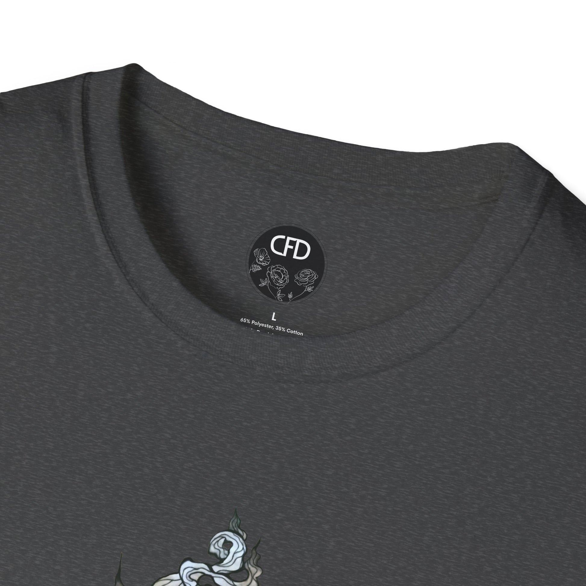 This is the Dark Heather Grey Green Tea T-Shirt by Chris Foster Design.It comes in sizes XS-5XL. This image shows a close up of the front. There is the collar with CFD circular logo with flowers, has a black background and printed in white inside the shirt. The size label is printed in black. Below there is a bit of the illustration, some of the steam of the tea cup is shown in white and light blue. The shirt is against a white background.