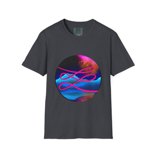 This is the Dark Heather Grey Swirl T-Shirt by Lee Hansheng Studios. This is an image of the front. On the inside of the shirt is the logo for the studio printed in black outlined in blue, gray size label with the print being white. The illustration is circular design with pink, orange, white, black background, hot pink swirl, light blue mountains and sea. The sky has a few twinkling stars and galaxy like design. The shirt is against a white background.
