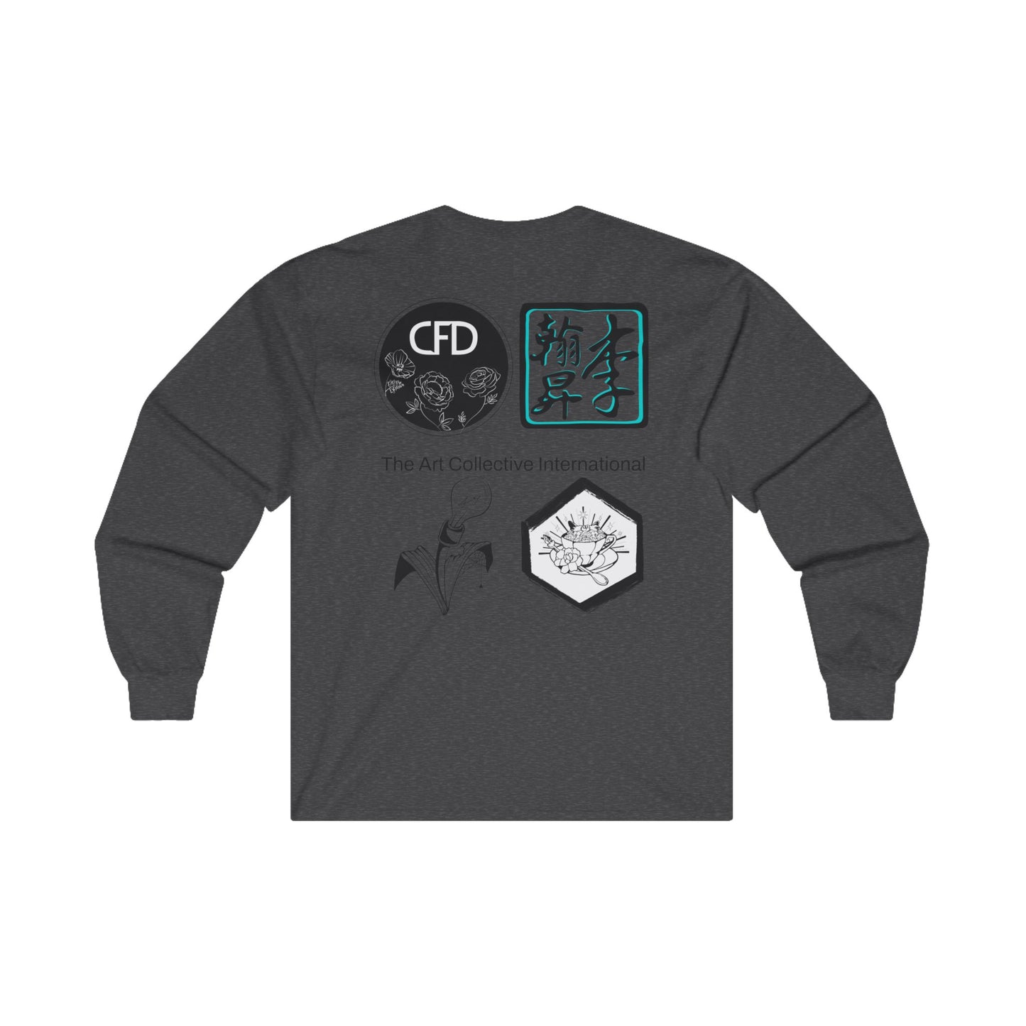 Dark heather longsleeve with ACI and studios' logos on the back of it.