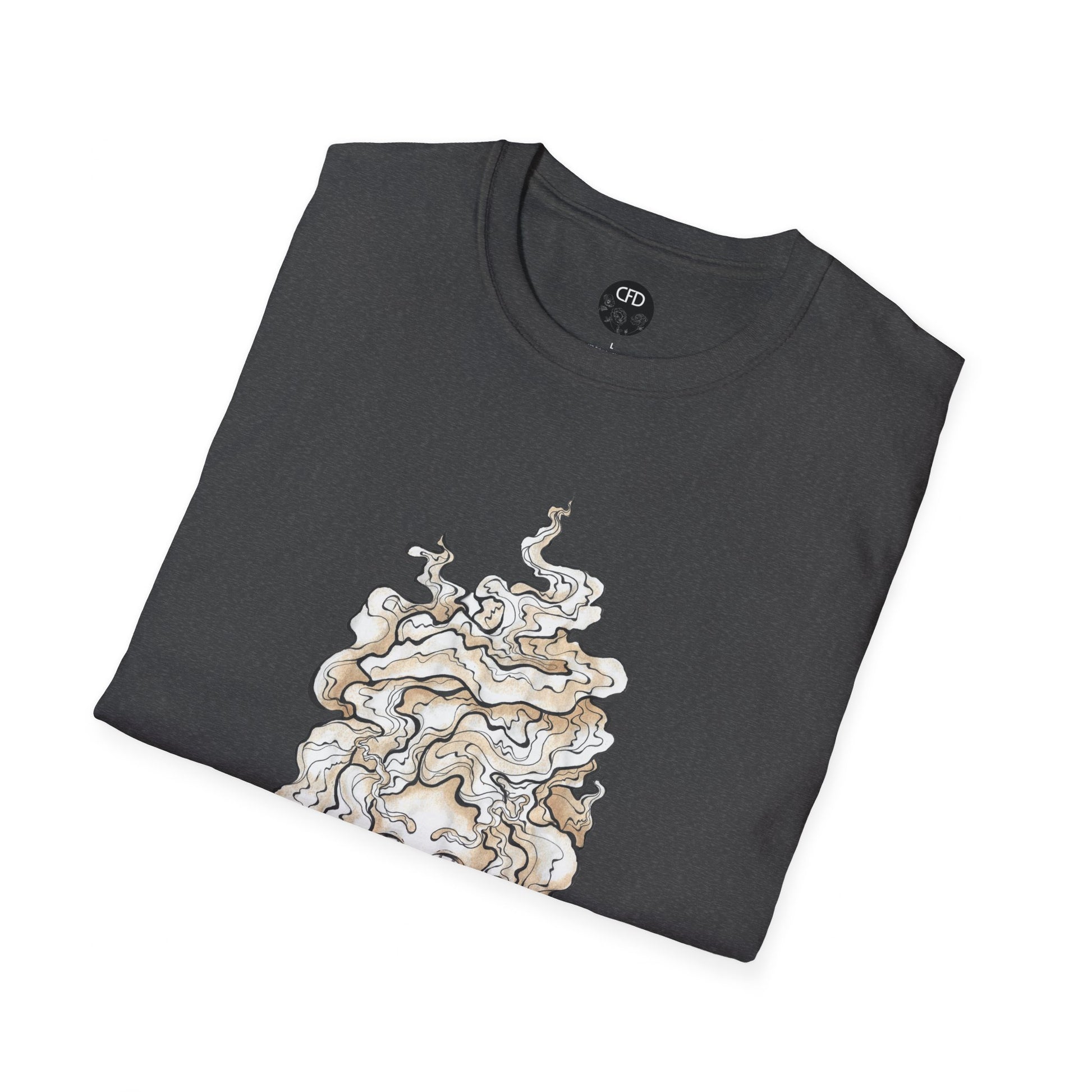 This is the Dark Heather Earl Grey Softstyle T-Shirt by Chris Foster Design. It comes in sizes XS-5XL. The image showcases the front of the shirt folded. The illustration that can be seen is the steam is swirly and goes up and outwards. In the middle is a lady's face that is seen a little. The inside of the shirt has the Chris Foster Design circular logo in black, flowers and writing is white. The size label is also white. The t-shirt is against a white background.