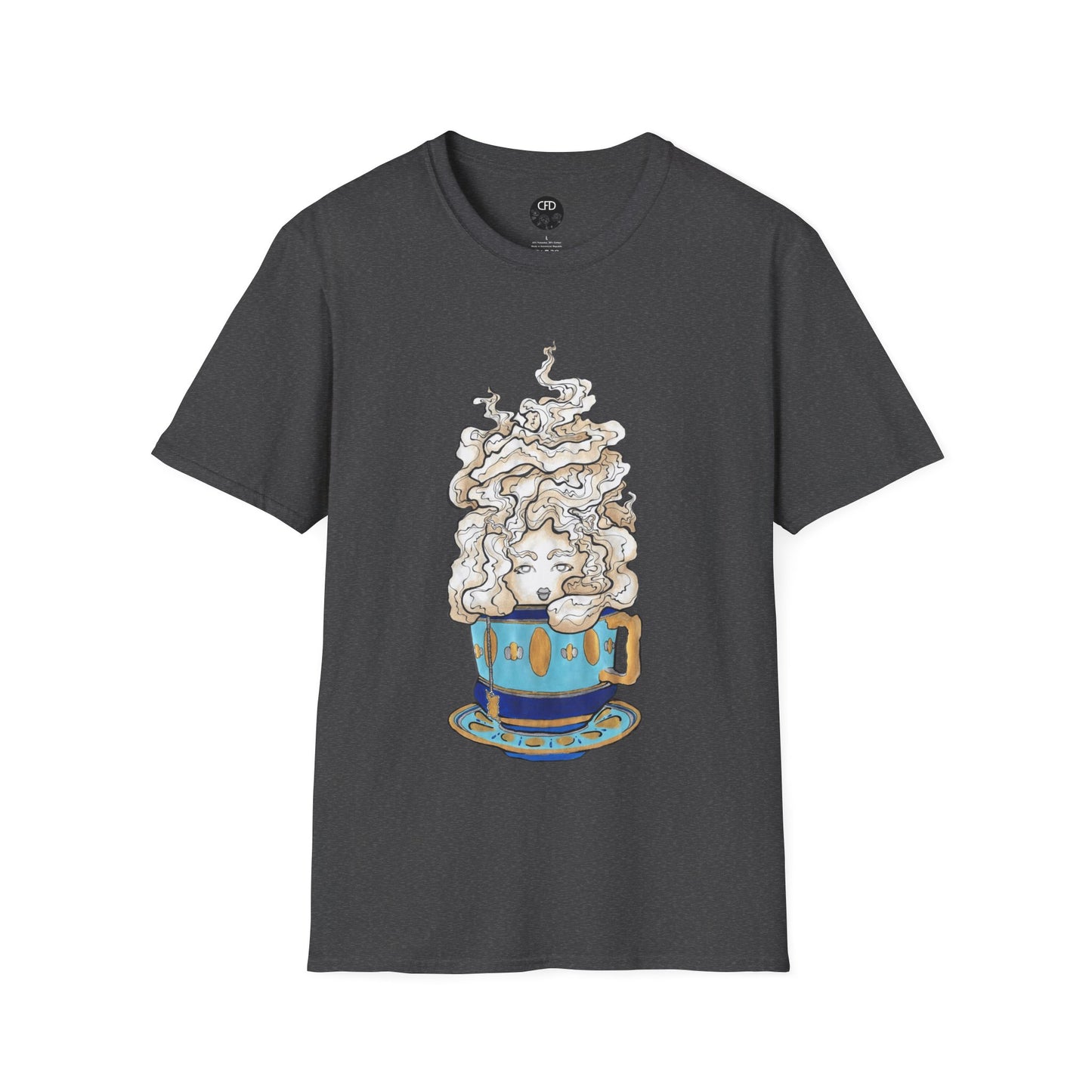 This is the Dark Heather Earl Grey Softstyle T-Shirt by Chris Foster Design. It comes in sizes XS-5XL. The image showcases the front of the shirt. The illustration is of a gold, light blue and dark blue teacup with a tan, yellow and white steam. The steam is swirly and goes up and outwards. In the middle is a lady's face. The t-shirt is against a white background.