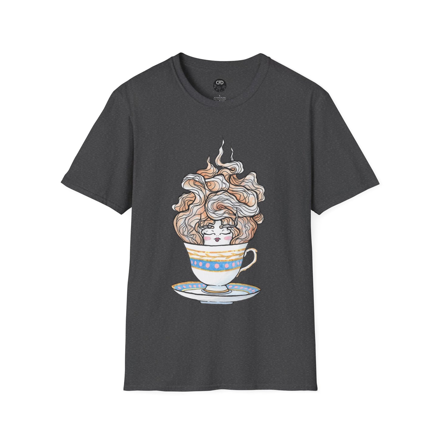 This is the Dark Heather English Breakfast Tea T-Shirt by Chris Foster Design. It comes in sizes XS-5XL. This is an image of the front with a circular CFD logo in white lettering and black background. The size label is below the logo in black. A teacup that is light blue, yellow and white with light pink, white and red steam that is going upwards. There is a lady's face in the middle and beginning of the teacup with her eyes closed, red lips, blushing pink cheeks. and eyebrows that go upward. 