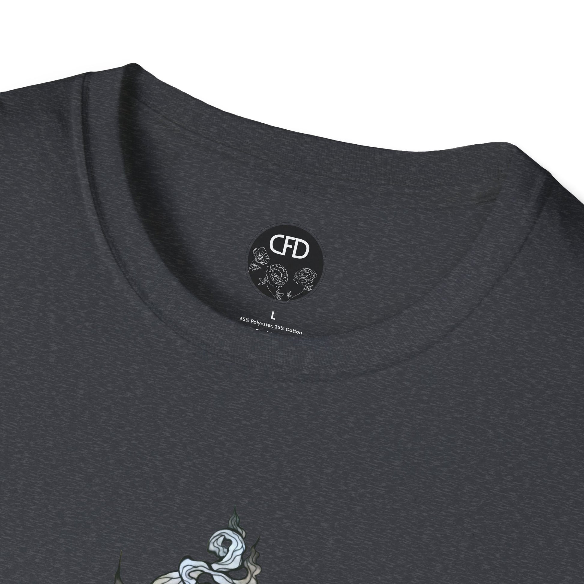 This is the Dark Heather Green Tea T-Shirt by Chris Foster Design.It comes in sizes XS-5XL. This image shows a close up of the front. There is the collar with CFD circular logo with flowers, has a black background and printed in white inside the shirt. The size label is printed in black. Below there is a bit of the illustration, some of the steam of the tea cup is shown in white and light blue. The shirt is against a white background.