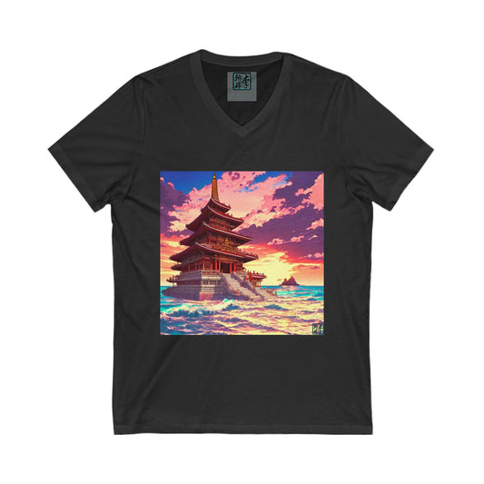This is the Deep Grey Heather Temple on the Sea V-Neck Tee by Lee Hansheng Studios.This is an image of the front of the t-shirt.The illustration has a temple with 4 stories on the left surround by crashing waves of the sea,mountains on the right in the background.There is a little bit of the sunset peeking through behind the temple.The colors are a mix of blues, pinks, reds and yellows.Inside of the shirt has the grey label with the studio's logo printed in black outlined in blue, sizes printed in white.