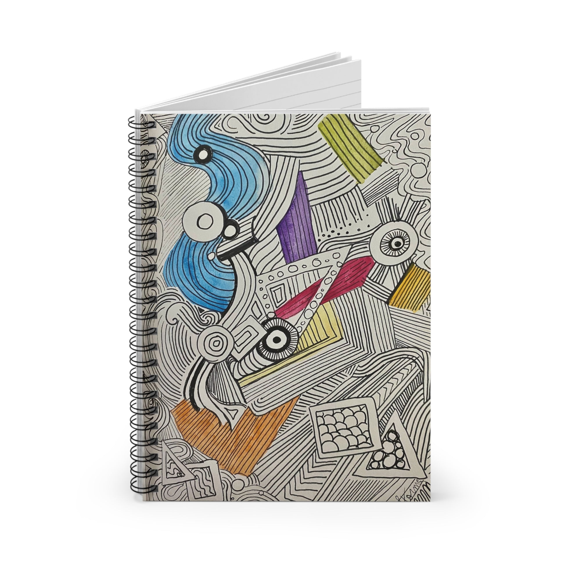 This is the Doodle Spiral Notebook with Ruled Line Paper and metal spiral binding by Storm Garden Studio. This is an image of the notebook from the front and slightly open. The ruled line paper is white with blue lines. The illustration is different shapes, lines and colors going in all directions. Most of it is black and white with sparse colors. There is blue, yellow, purple, red and orange. The notebook is against a white background.