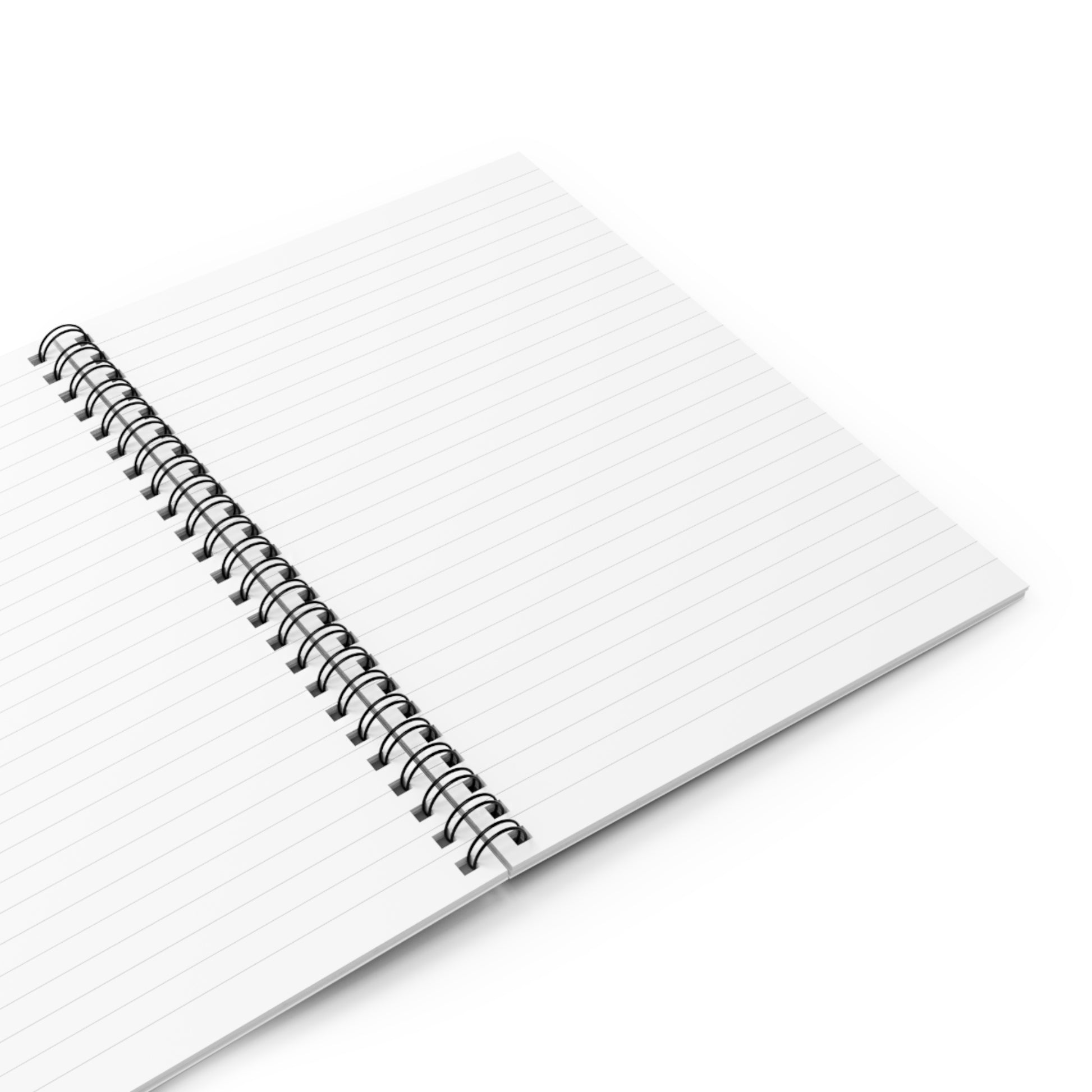 This is the Doodle Spiral Notebook with Ruled Line Paper and metal spiral binding by Storm Garden Studio. This is an image of the notebook open. It shows the black metal spiral binding and the ruled lines. The ruled line paper is white with blue lines. The notebook is against a white background.