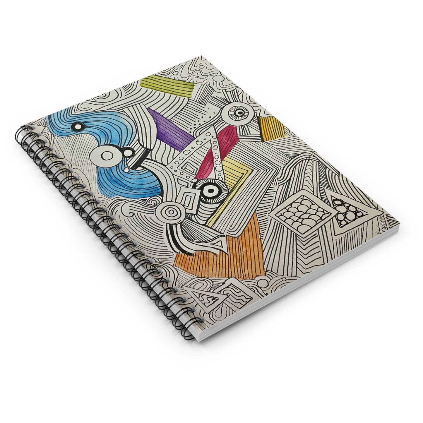 This is the Doodle Spiral Notebook with Ruled Line Paper and metal spiral binding by Storm Garden Studio. This is an image of the notebook from the front slightly to the left. The illustration is different shapes, lines and colors going in all directions. Most of it is black and white with sparse colors. There is blue, yellow, purple, red and orange. It is on a white surface. 