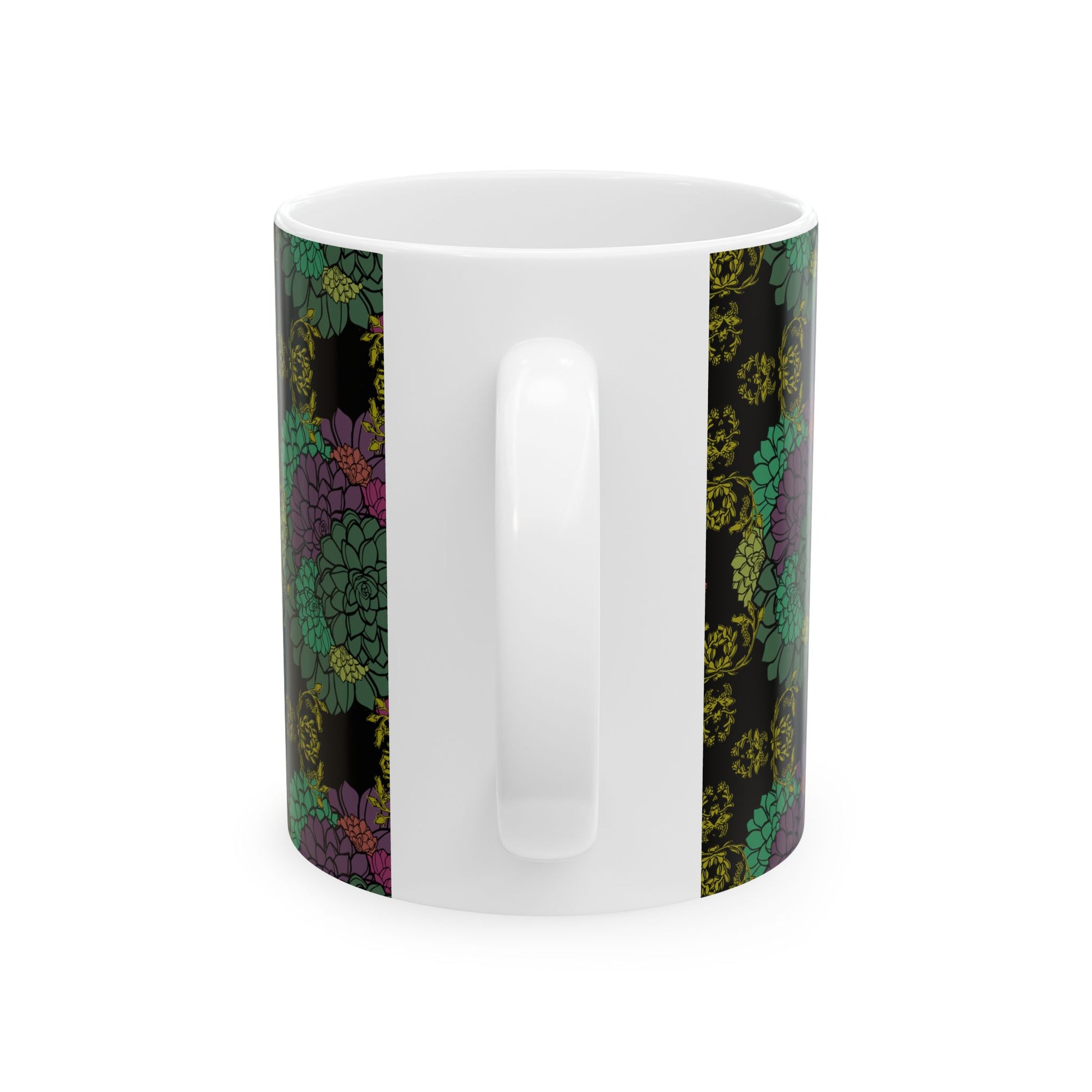 This is the 11oz Echeveria In Bloom Ceramic Mug in white designed by Chris Foster Design displaying from the handle. The all over print are on both sides. It has a background of black with the flowers in pink, purple, orange, green and dark green colors. There is a gold/dark yellow intricate design in bloom through out the mug. This can be slightly seen from left and right of the mug handle.