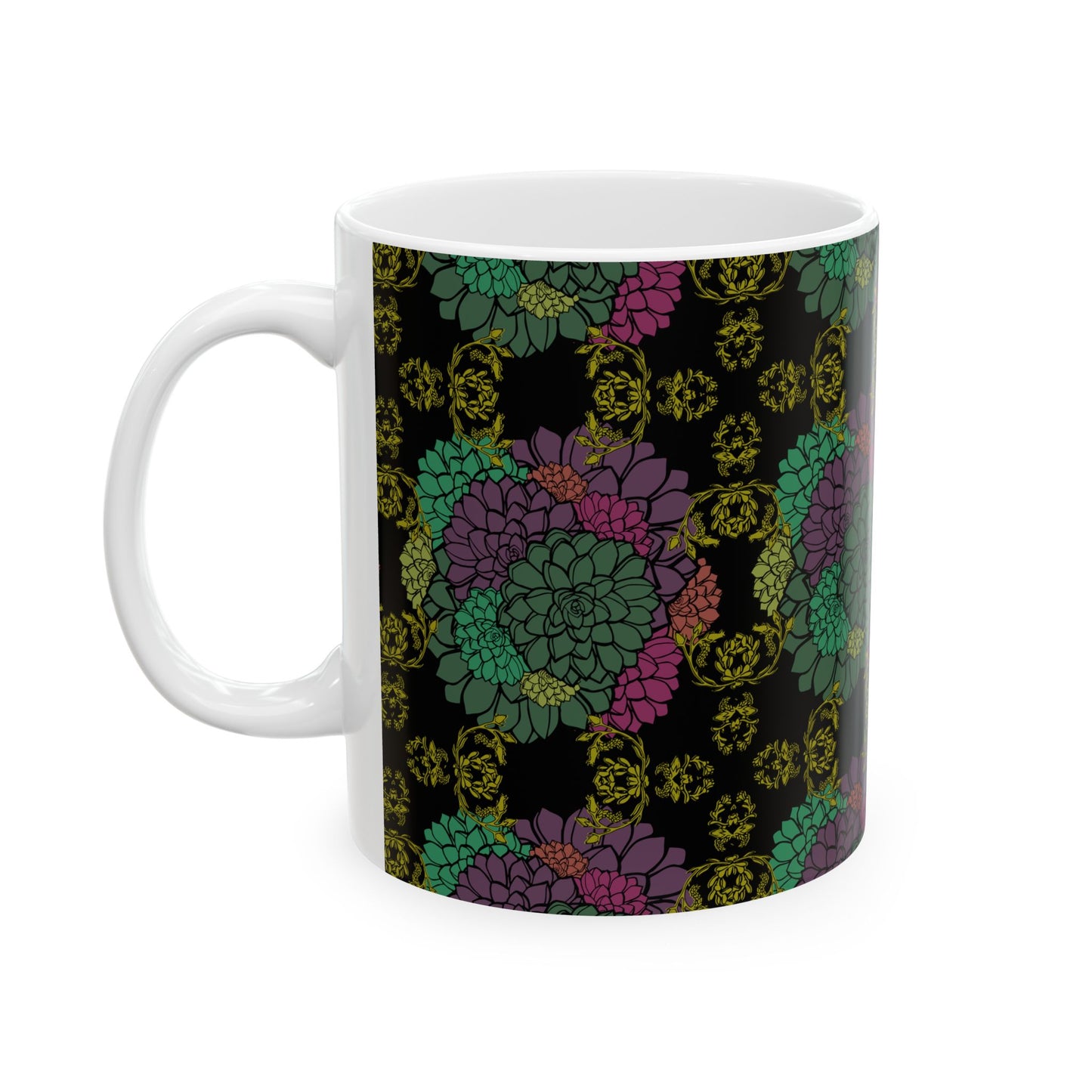 This is the 11oz Echeveria In Bloom Ceramic Mug in white designed by Chris Foster Design displaying the left side. The handle for the mug is on the left. The all over print has a background of black with the flowers in pink, purple, orange, green and dark green colors. There is a gold/dark yellow intricate design in bloom through out the mug.