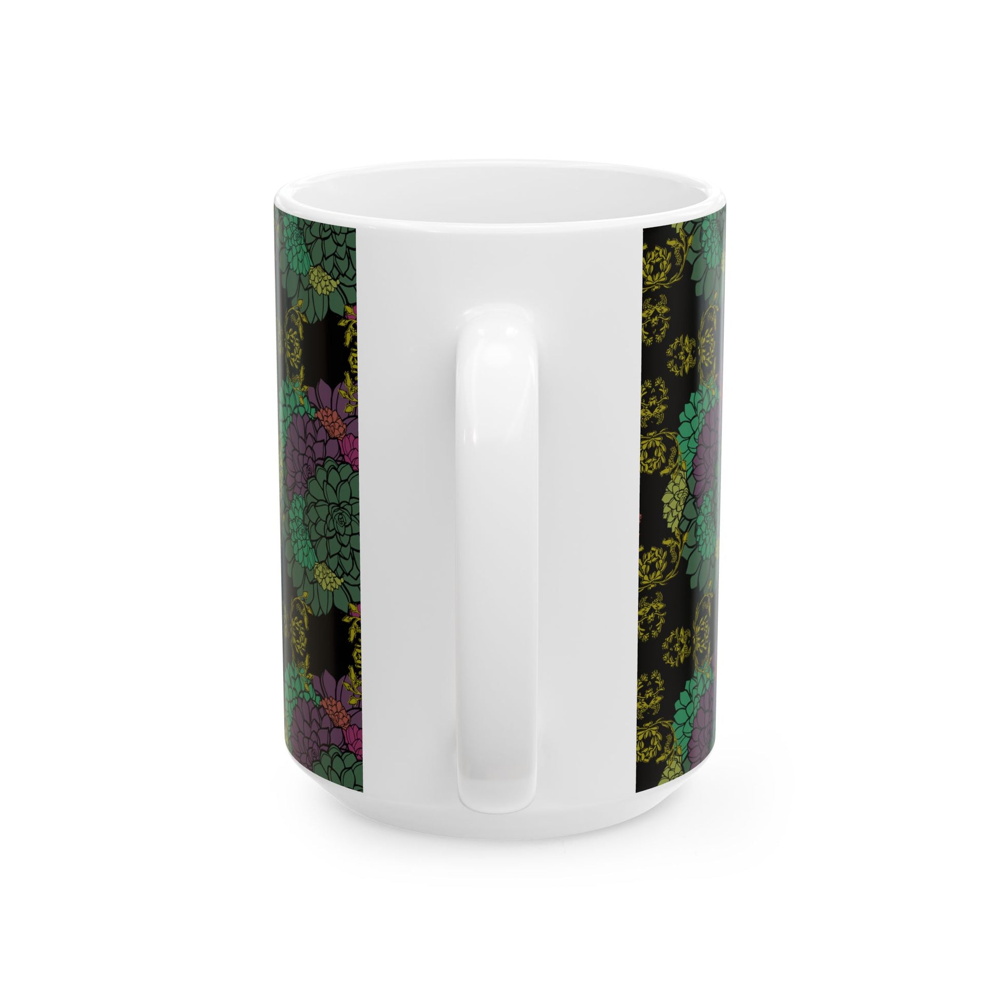 This is the 15oz Echeveria In Bloom Ceramic Mug in white designed by Chris Foster Design displaying from the handle. The all over print are on both sides. It has a background of black with the flowers in pink, purple, orange, green and dark green colors. There is a gold/dark yellow intricate design in bloom through out the mug. This can be slightly seen from left and right of the mug handle.