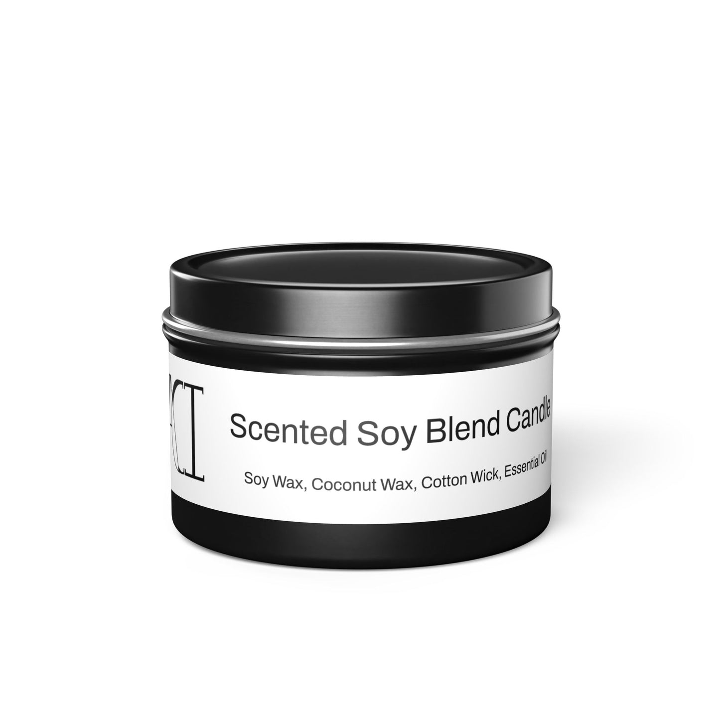 The scent is Evergreen. This is a candle in a 4 oz black tin. There is a white label for the scented soy blend that lists the ingredients as soy wax, coconut wax, cotton wick and essential oils. This showcases the candle with the top on.