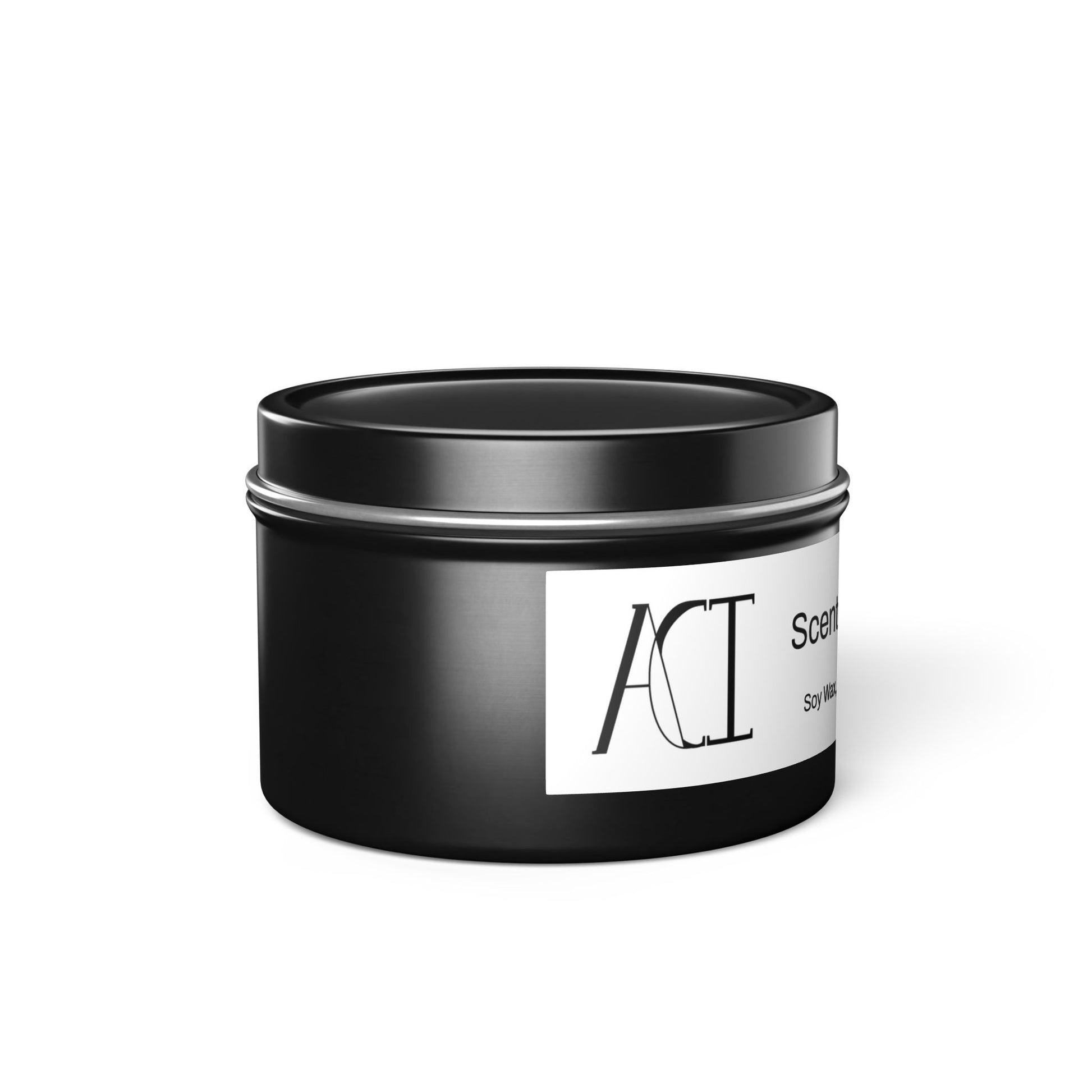 The scent is Evergreen. This is a candle in a 4 oz black tin which has the ACI logo on the white label of ingredients in black. This showcases a left side image with the top on. 