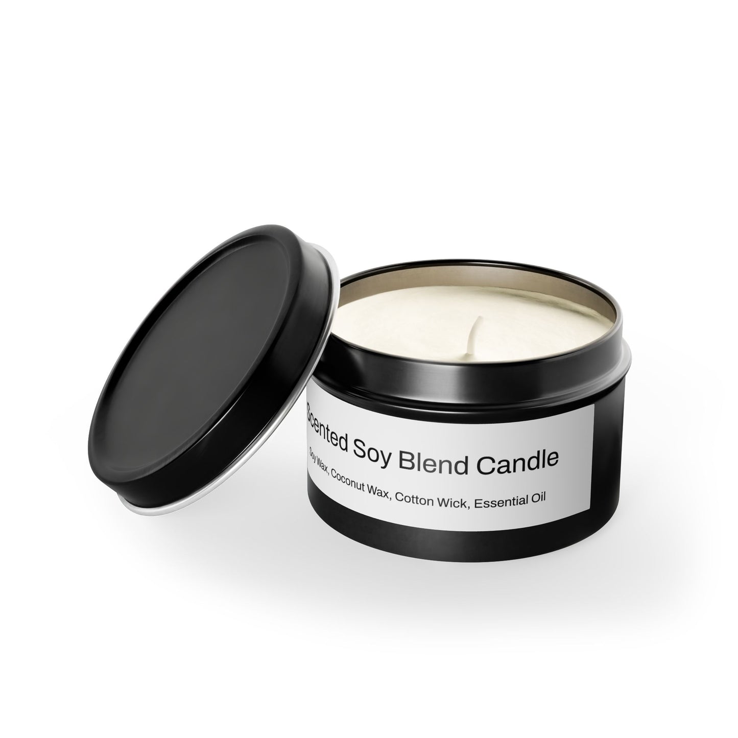 The scent is Evergreen. This is a candle in a 4 oz black tin. There is a white label for the scented soy blend that lists the ingredients as soy wax, coconut wax, cotton wick and essential oils. This showcases the candle with the top off and the wick in the middle. There is no added color for the wax.