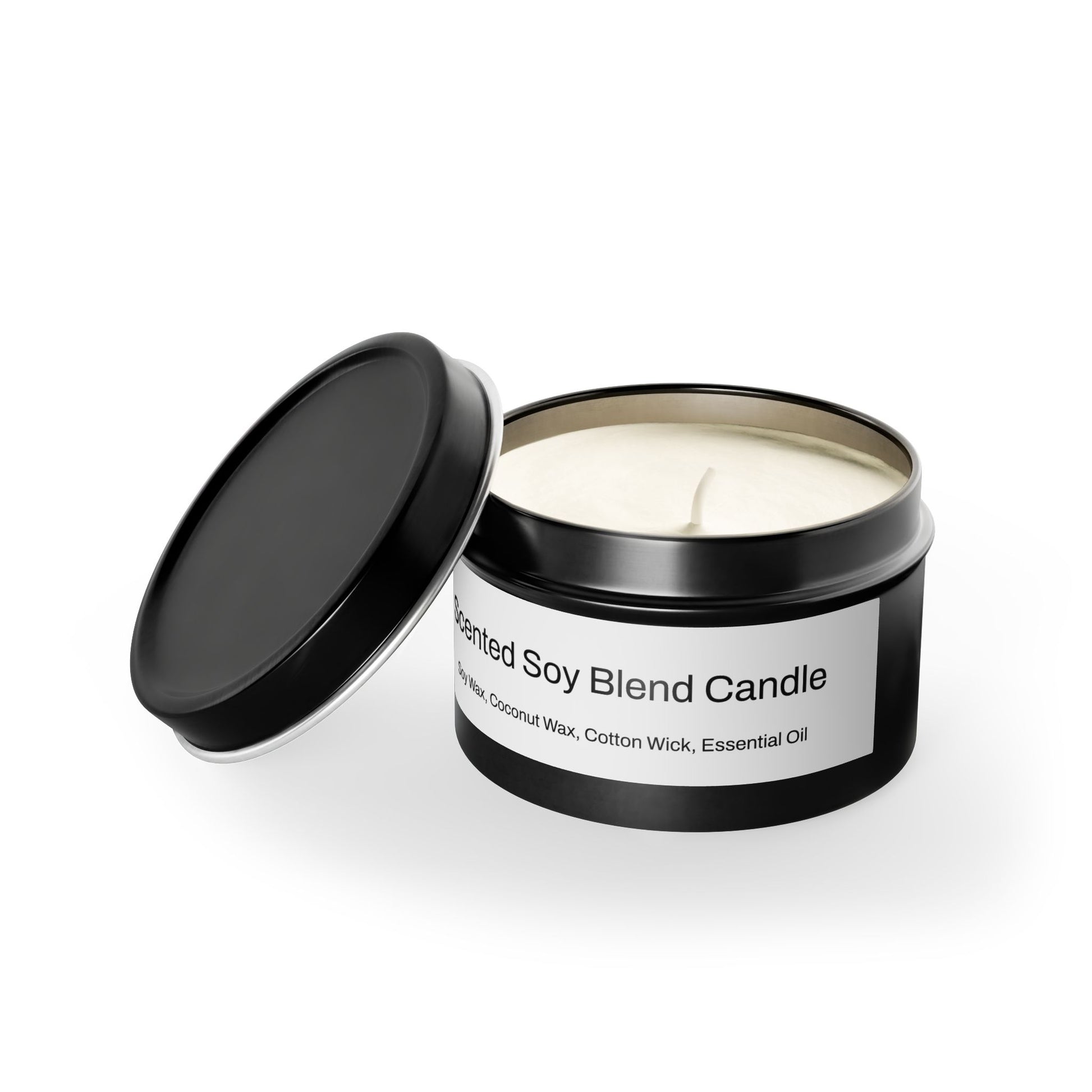 The scent is Evergreen. This is a candle in a 4 oz black tin. There is a white label for the scented soy blend that lists the ingredients as soy wax, coconut wax, cotton wick and essential oils. This showcases the candle with the top off and the wick in the middle. There is no added color for the wax.