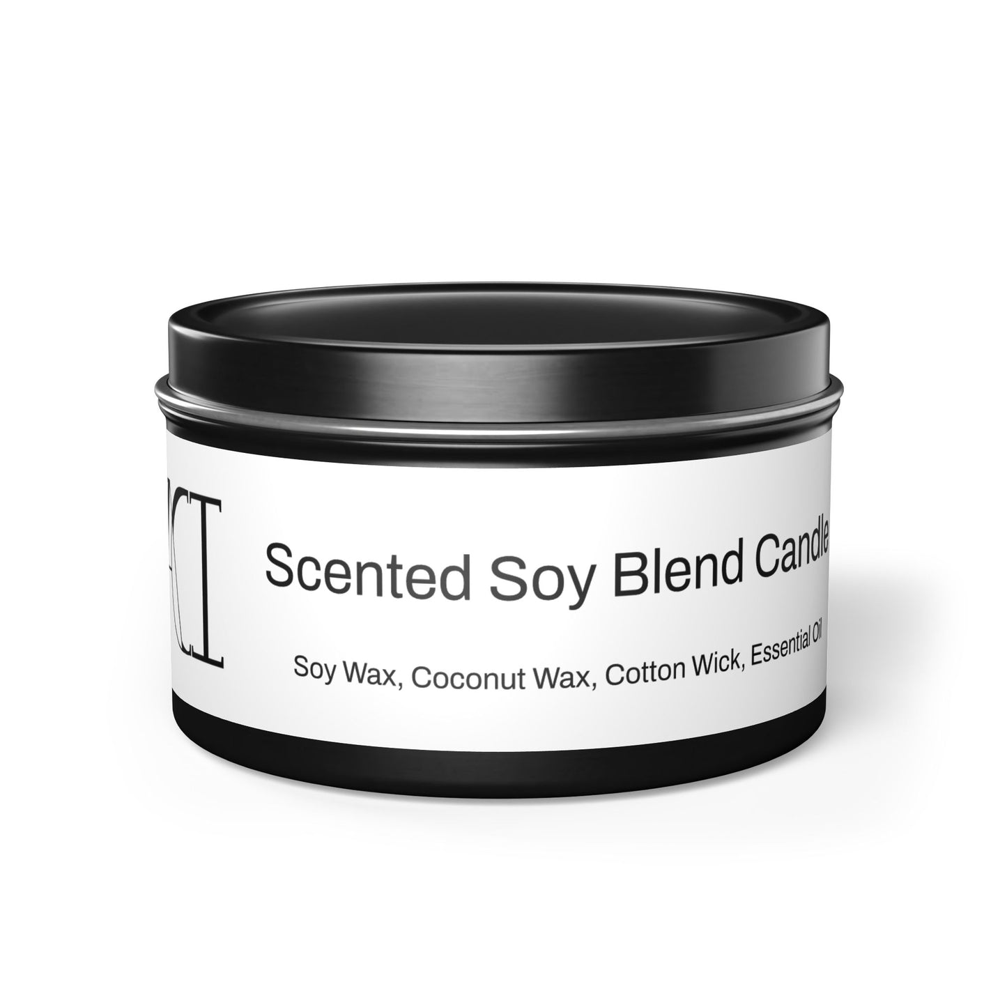 The scent is Evergreen. This is a candle in a 8 oz black tin. There is a white label for the scented soy blend that lists the ingredients as soy wax, coconut wax, cotton wick and essential oils. This showcases the candle with the top on.