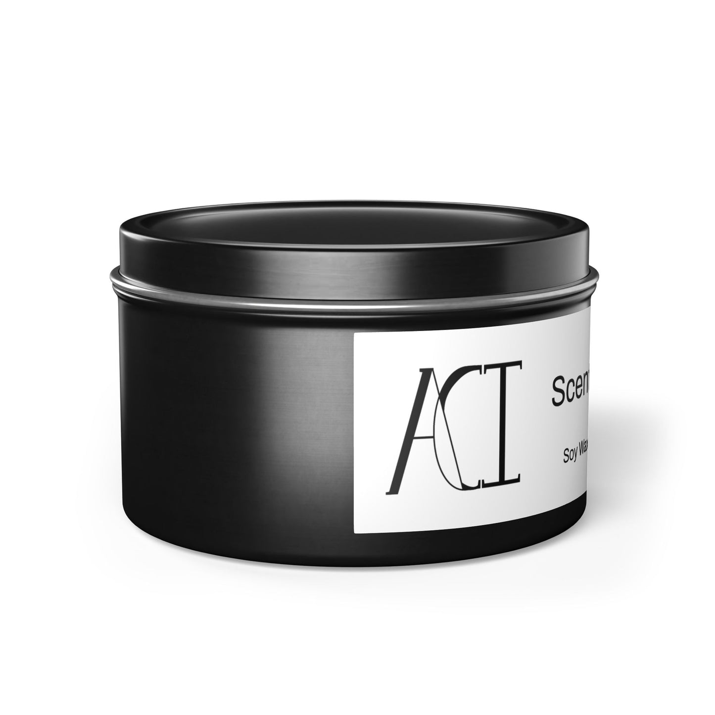 The scent is Evergreen. This is a candle in a 8 oz black tin which has the ACI logo on the white label of ingredients in black. This showcases a left side image with the top on.