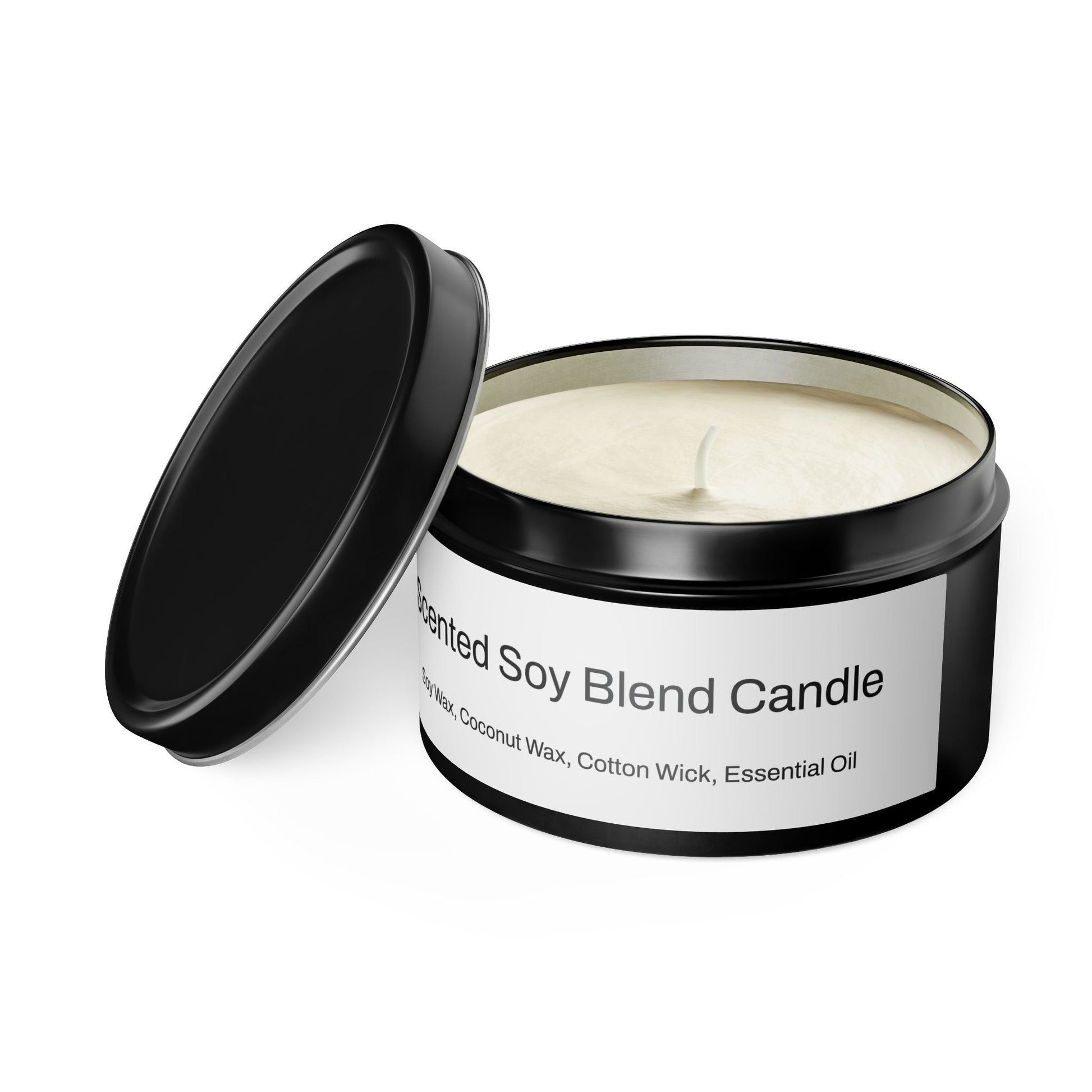 The scent is Evergreen. This is a candle in a 8 oz black tin. There is a white label for the scented soy blend that lists the ingredients as soy wax, coconut wax, cotton wick and essential oils. This showcases the candle with the top off and the wick in the middle. There is no added color for the wax.