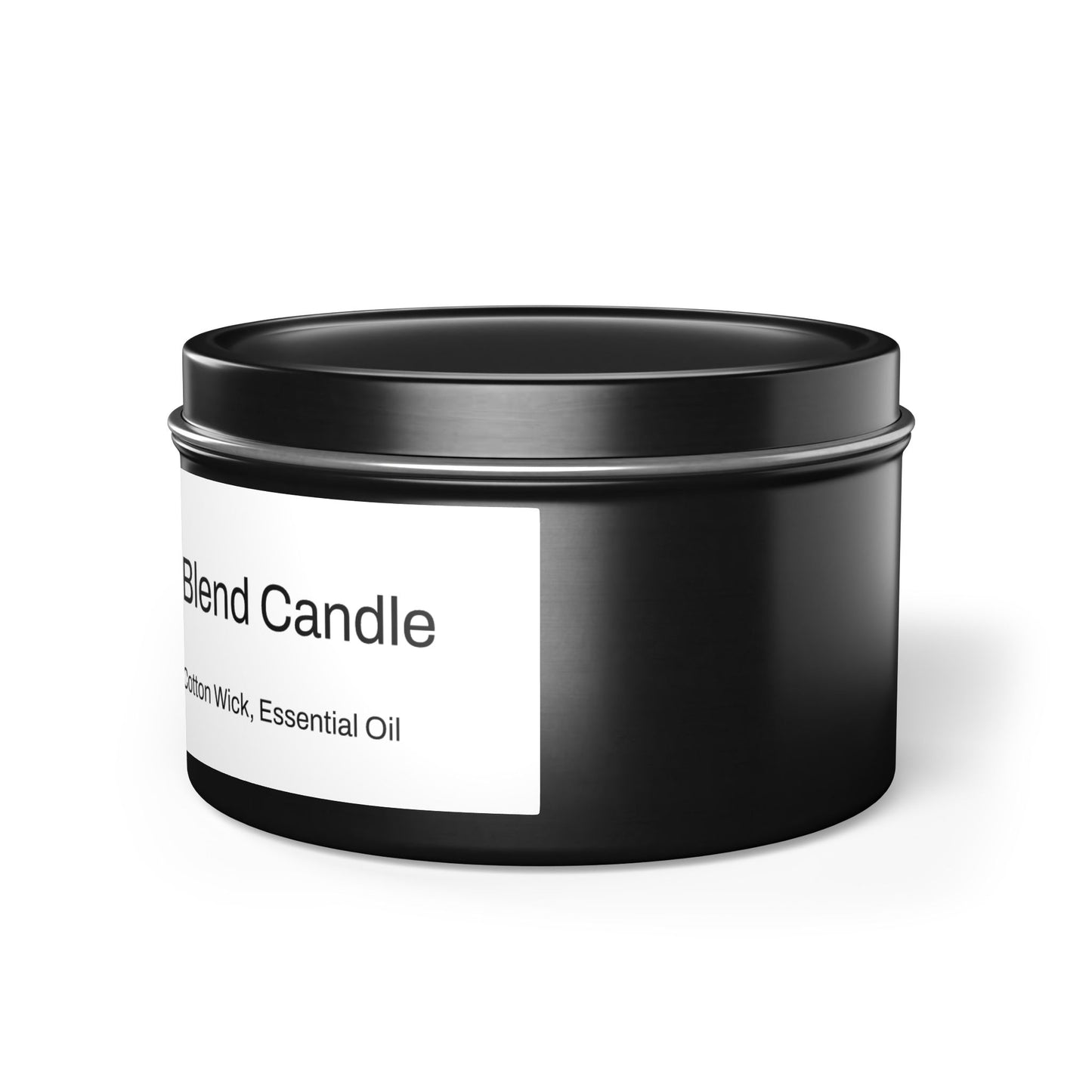 The scent is Evergreen. This is a candle in a 8 oz black tin. There is a white label for the scented soy blend that lists the ingredients as soy wax, coconut wax, cotton wick and essential oils. This showcases the right side image with the top on.