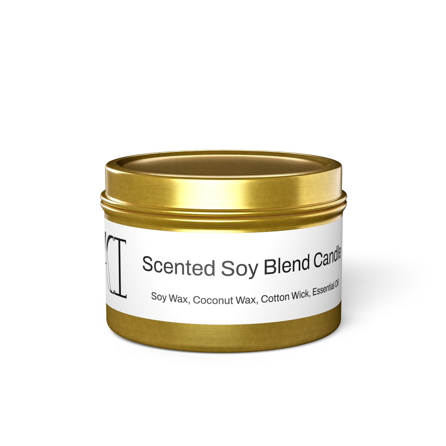 The scent is Evergreen. This is a candle in a 4 oz gold tin. There is a white label for the scented soy blend that lists the ingredients as soy wax, coconut wax, cotton wick and essential oils. This showcases the candle with the top on.