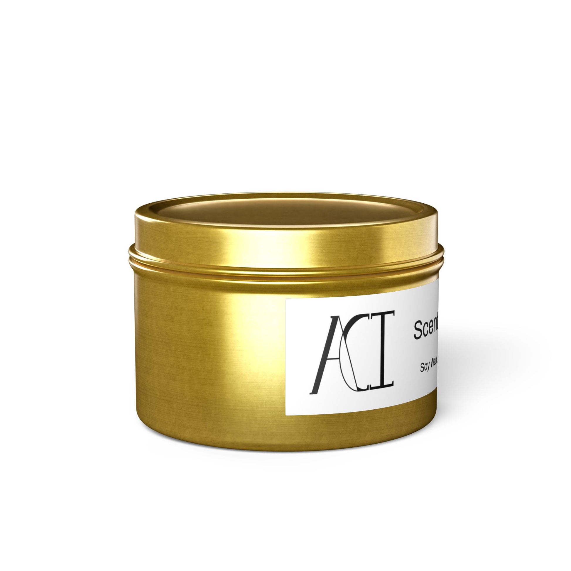 The scent is Evergreen. This is a candle in a 4 oz gold tin which has the ACI logo on the white label of ingredients in black. This showcases a left side image with the top on. 