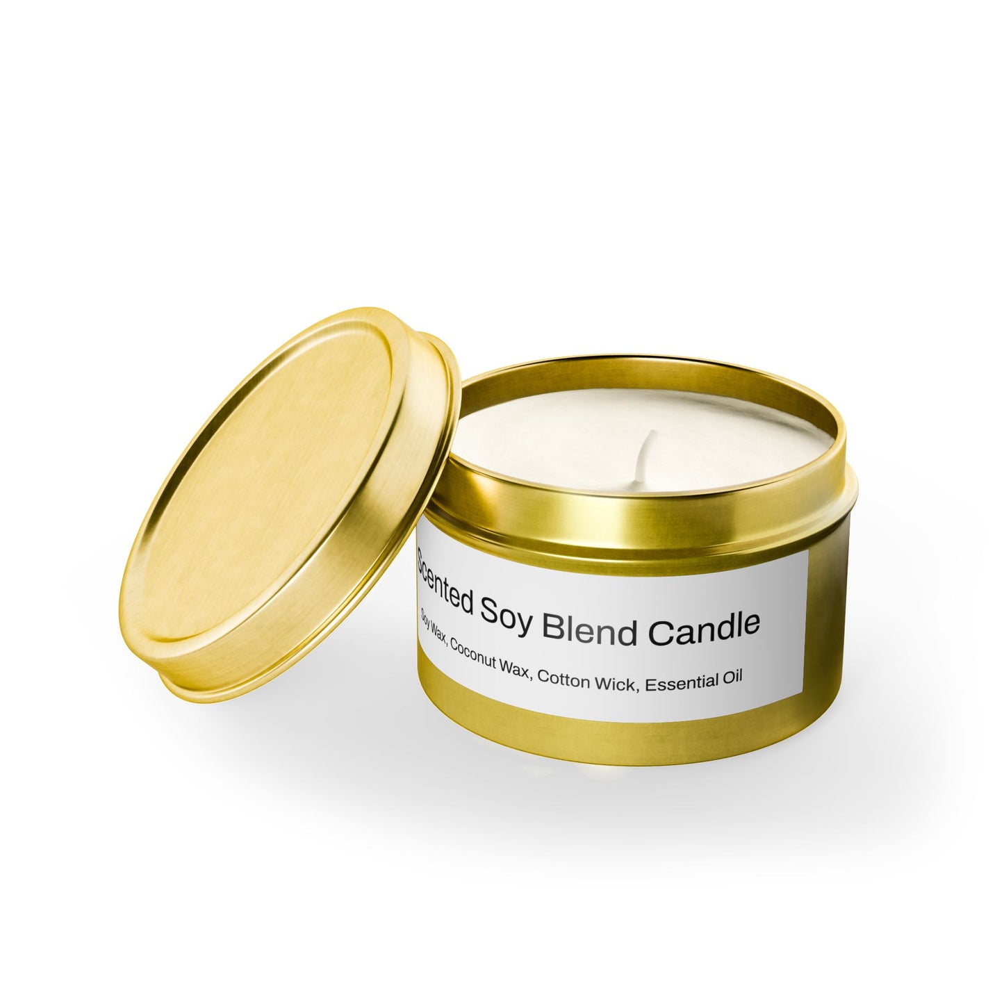 The scent is Evergreen. This is a candle in a 4 oz gold tin. There is a white label for the scented soy blend that lists the ingredients as soy wax, coconut wax, cotton wick and essential oils. This showcases the candle with the top off and the wick in the middle. There is no added color for the wax.