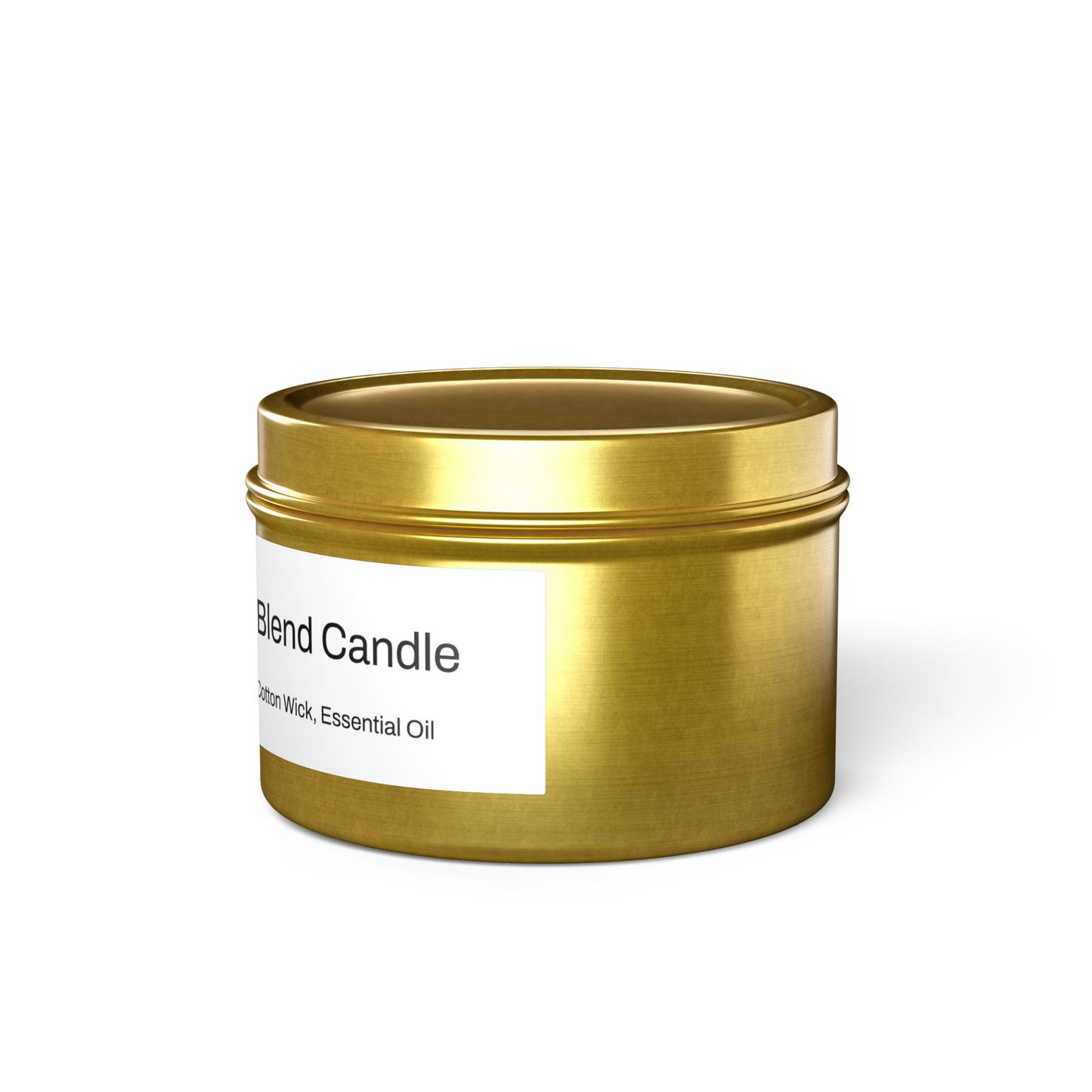 The scent is Evergreen. This is a candle in a 4 oz gold tin. There is a white label for the scented soy blend that lists the ingredients as soy wax, coconut wax, cotton wick and essential oils. This showcases the right side image with the top on. 