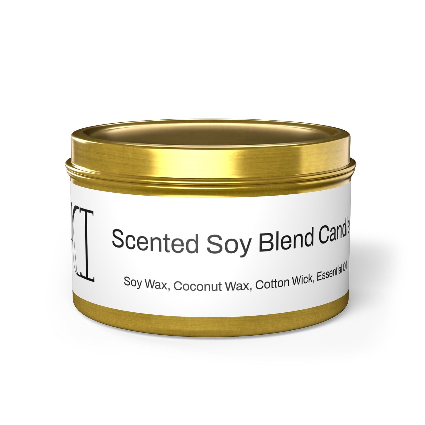 The scent is Evergreen. This is a candle in a 8 oz gold tin. There is a white label for the scented soy blend that lists the ingredients as soy wax, coconut wax, cotton wick and essential oils. This showcases the candle with the top on.